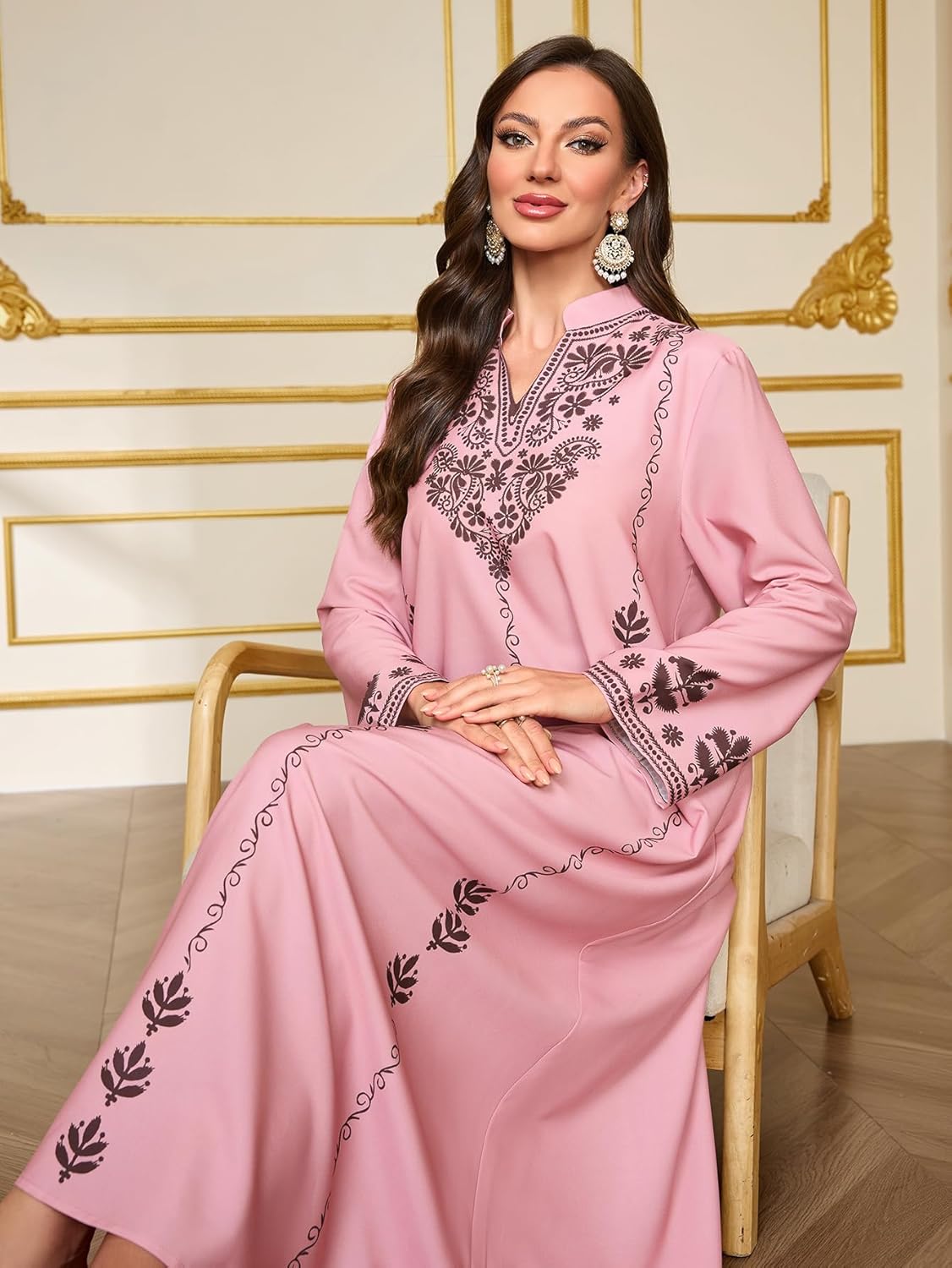 Muslim Moroccan Kaftan Abaya for Women with Floral Border Print Dubai Robe Ramadan Prayer Dress Islamic Traditional Wear