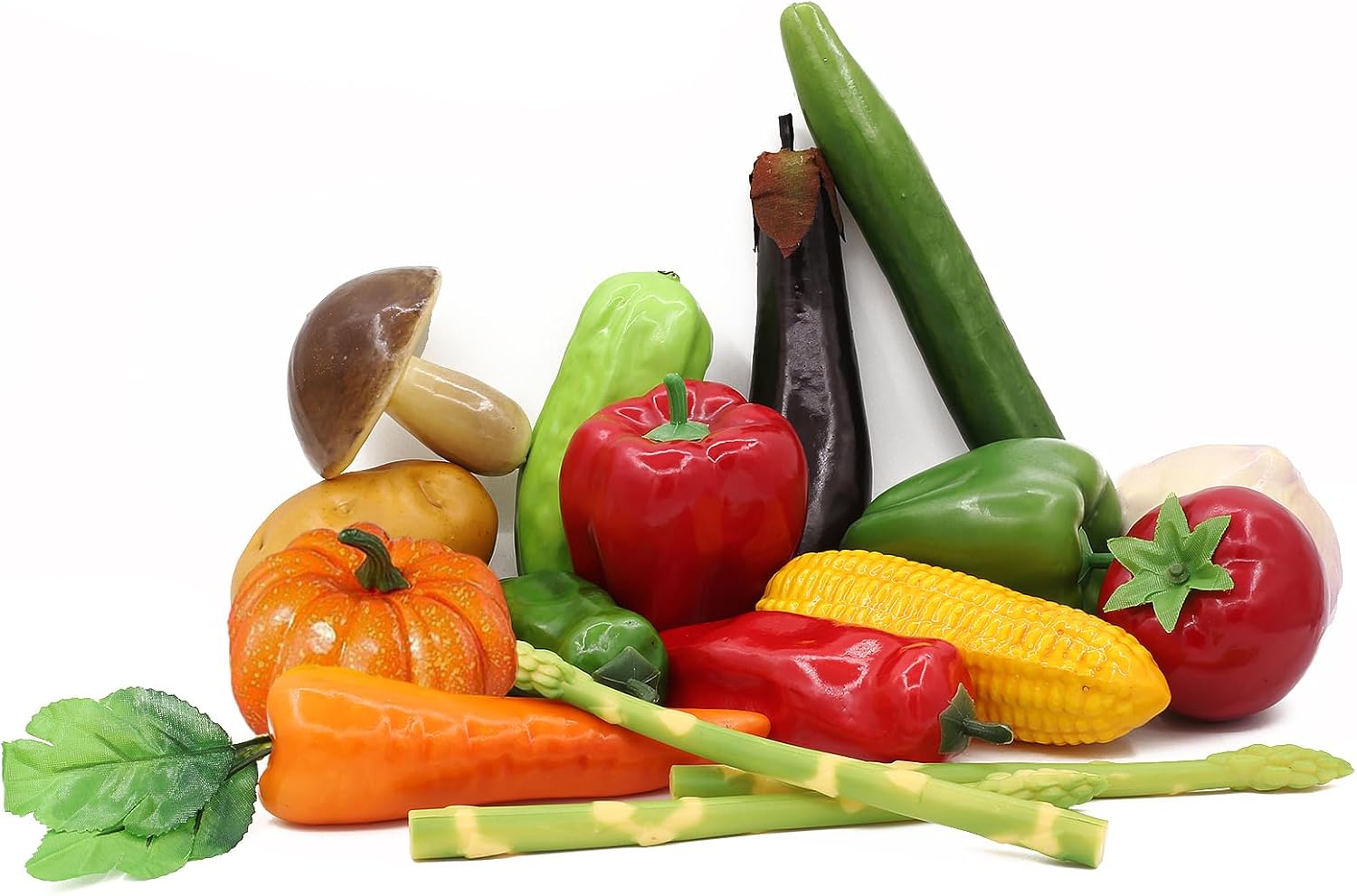 Tuxiaobu 17 Pcs Artificial Vegetables, Fake Vegetables Lifelike Faux Pepper Potato Pumpkin Tomato Carrot Onion Mushroom Eggplant Cucumber Asparagus Decorations for Home Kitchen Festival Christmas