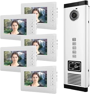 Mxzzand Video Doorbell Video Intercom 100-240V 7 Inch HD IR Video Intercom Doorbell One Camera with Five Monitor(100-240V U.S. Regulation)