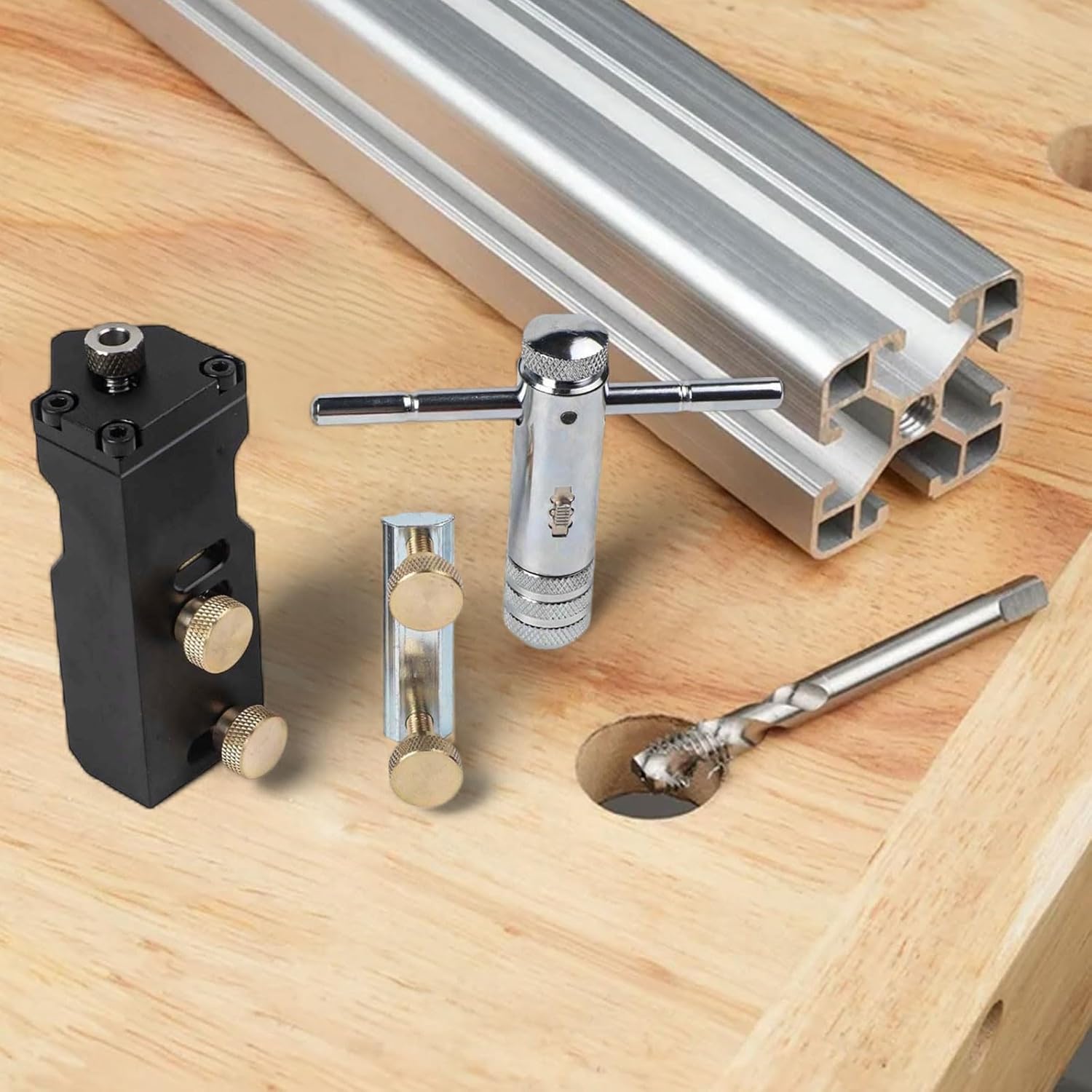 Aluminum Alloy Drill Guide Jig with Adjustable Stop for Precise Positioning and Tapping on 20/30/40 Type Extrusion Profiles, Black(Type c)