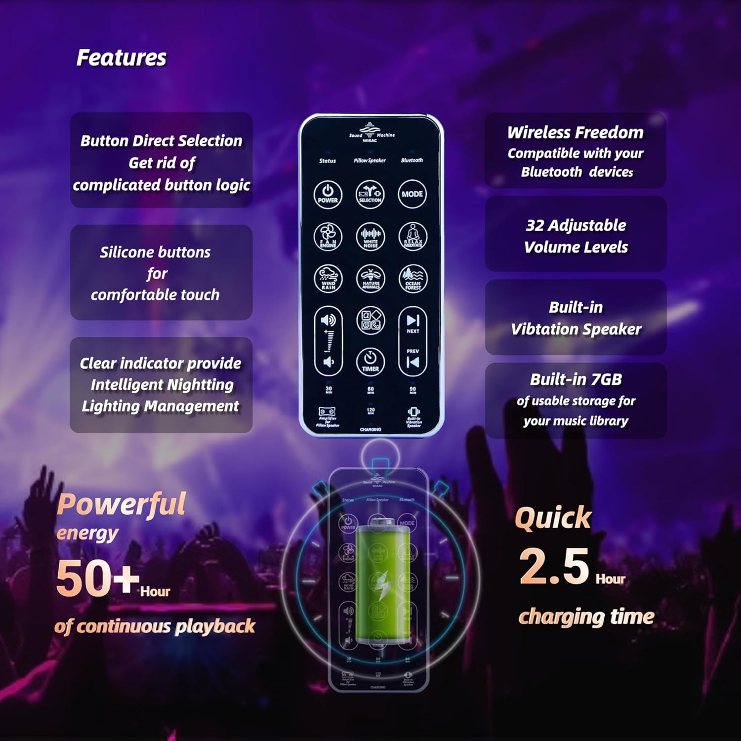 Wikac Bluetooth Soft Pillow Speaker for Sleeping,HQ Amplified Audio,50hr Play-Time,56 Natural 3D White Noise, 5 Timer, Comfortable Sleep Headphones with Bone Conduction Speakers for a Healthy Sleep