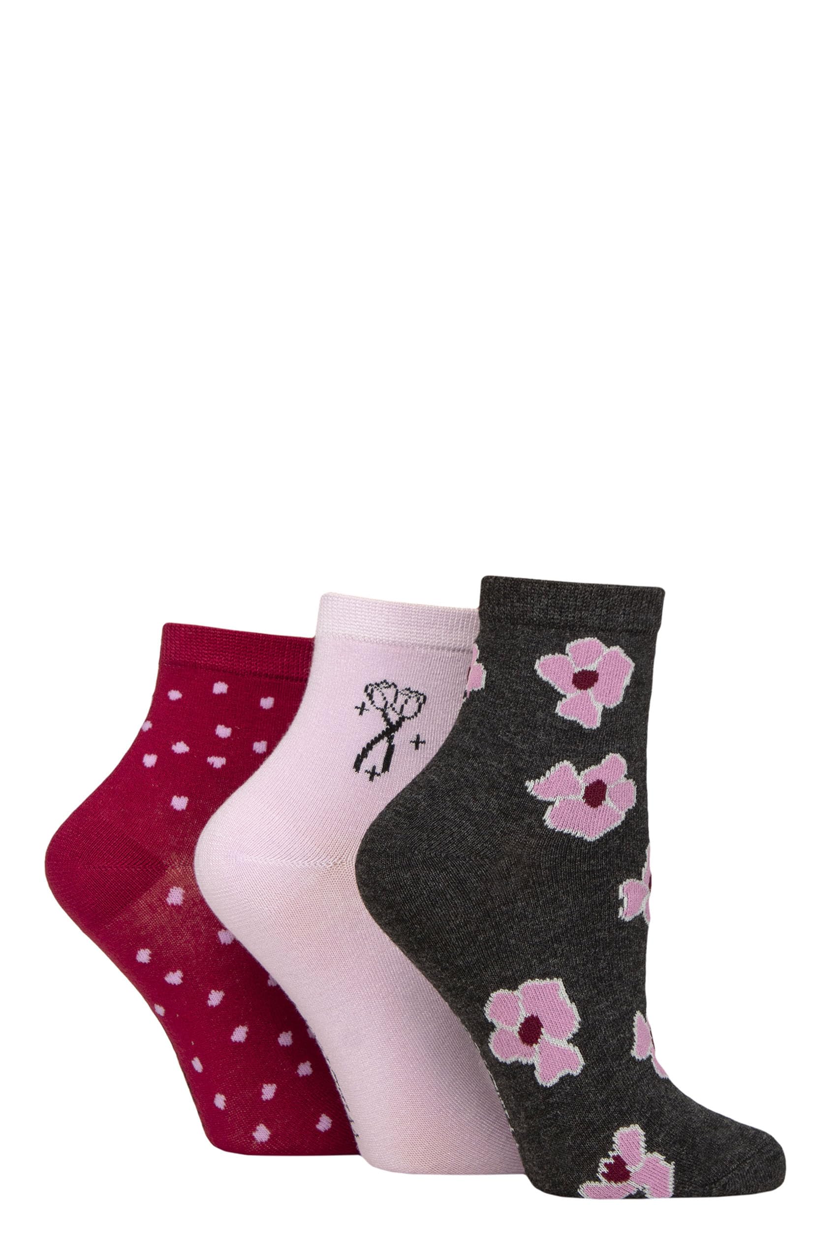 Sockshop Women's Flowers And Spots Wildfeet Bamboo Socks Ankle High, Anklet, Soft, Breathable, Patterned, 3 Pair Multipack Size 4-8 (Uk, Numeric, 4, 8, Regular, Regular, )