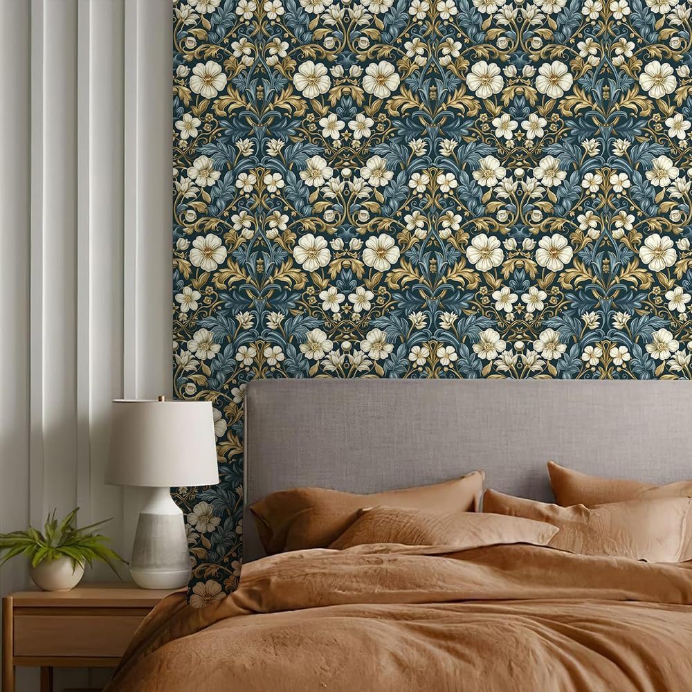 REDAMANCY Blue Beige Damask Flower Vintage Peel and Stick Wallpaper Vintage Wall Paper Stick on Contact Paper Easy Peel Off for Bedroom nightstand Drawer Renter Friendly 17.7"x236"