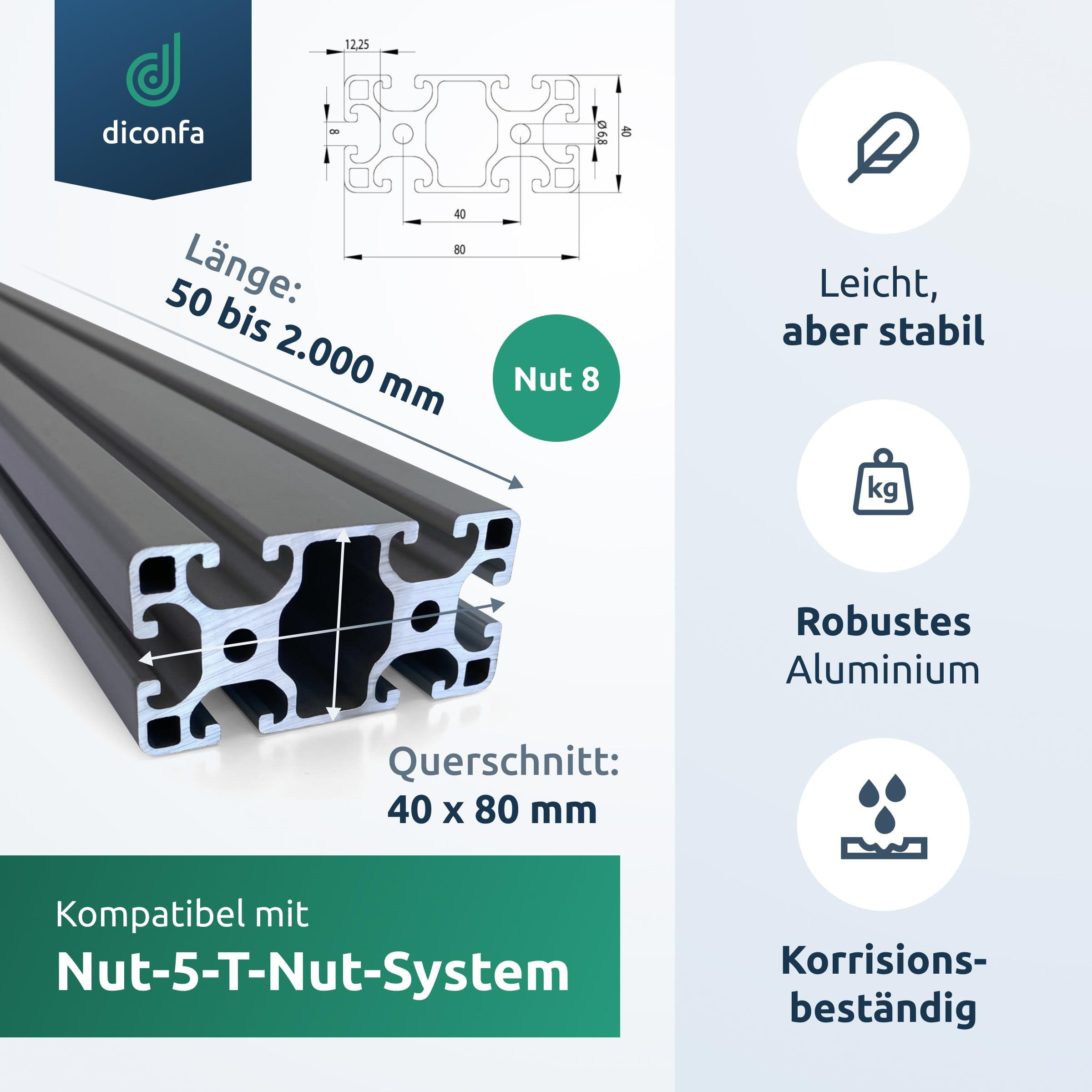 diconfa Aluprofil 40x80mm Nut 8 - WÄHLEN Größe & Menge - 4 Stück, 2000mm lang T-Nut Schiene - Aluminiumprofil Alu Profil kompatibel mit allen Aluminium System- / ITEMprofilen für INNEN AUßEN