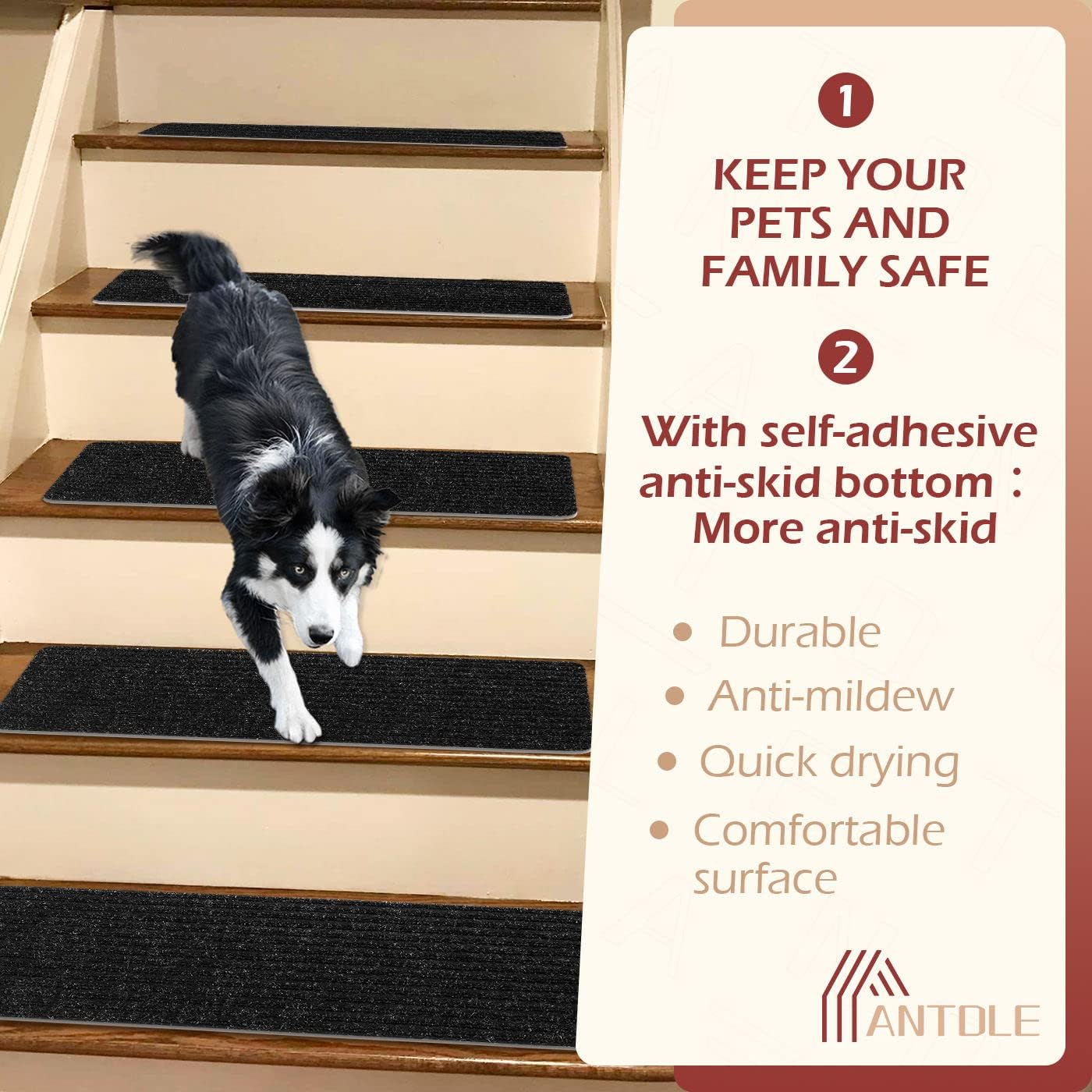 Antdle Carpet Stair Treads for Wooden Steps Non-Slip Indoor 16pcs 8x30inch Stair Treads Carpet Anti Slip for Dogs, Elders, Kids Stair Runners for Wooden Steps Stair Pads Mats Covers Pads Rubber, Black - - 