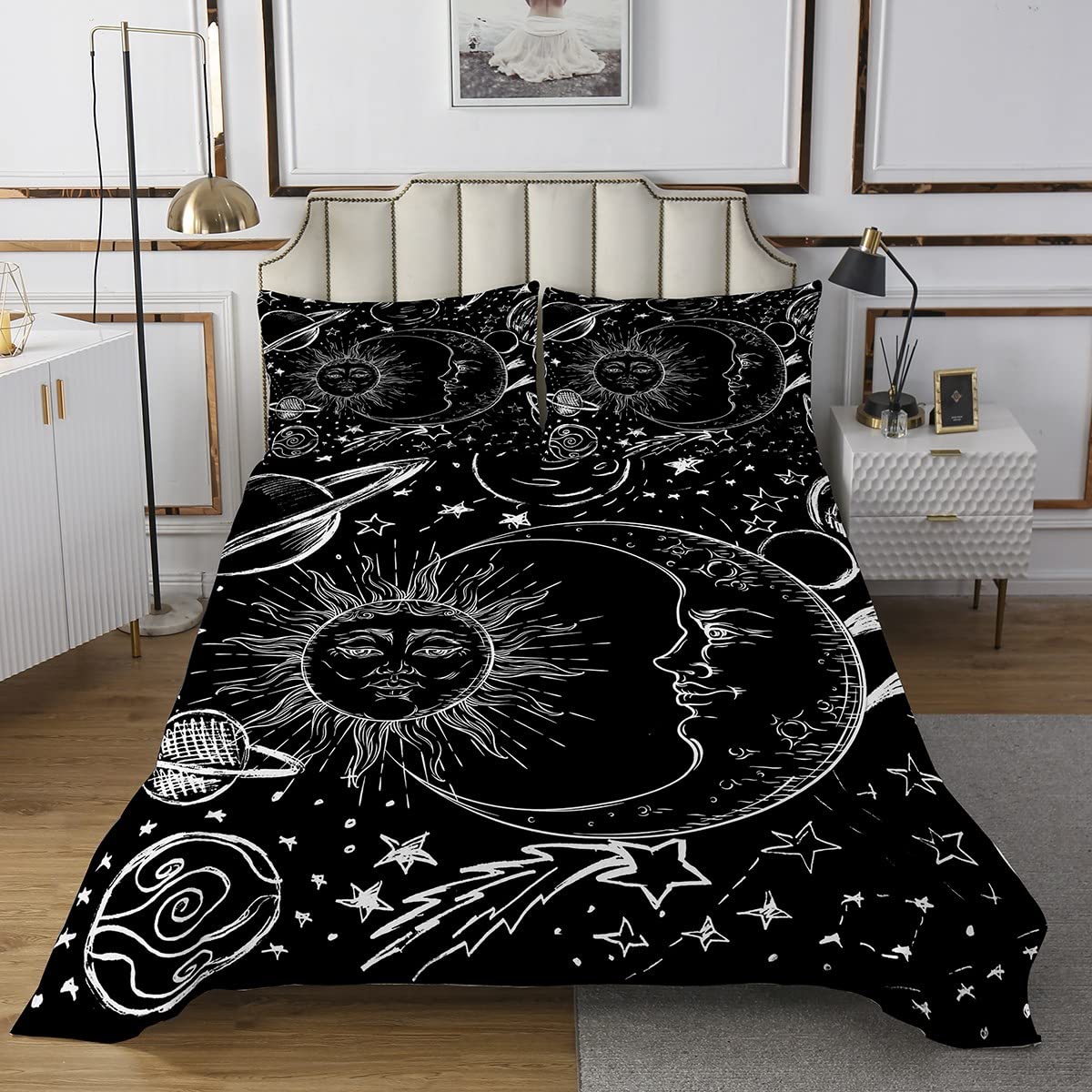 Parure De Lit 2 Pièces Enfant Lune étoiles Bohème - Taille Simple - Couvre-lit + Taie - Polyester Doux
