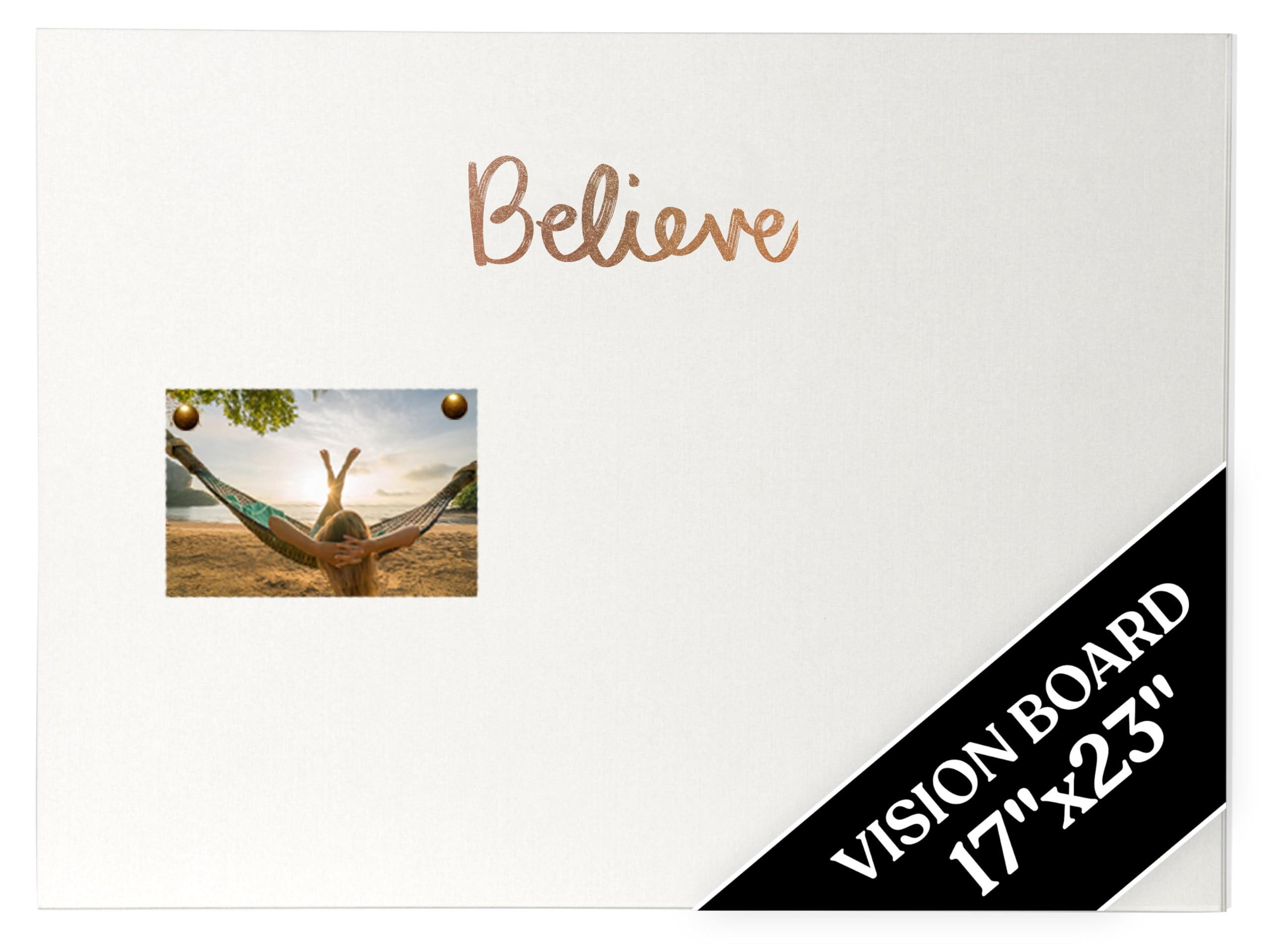 Believe Vision Board – 17x23 Linen Bulletin Board with Gold Foil Print - Minimalist Goal, Dream & Manifestation Pinboard for Home Office - Perfect for Scrapbooking Supplies - No-Nails Wall Mount