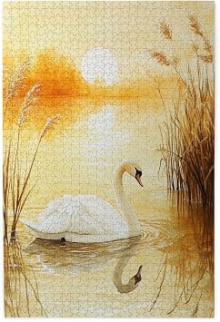 1000 Pieces Wooden Jigsaw Puzzle for Adults, Swan On Lake at Sunset Challenging Puzzles. Ideal for Home Decor, Game Nights, Holiday, Stress Relief, Gifts. Finished Size is 29.53 X 19.69