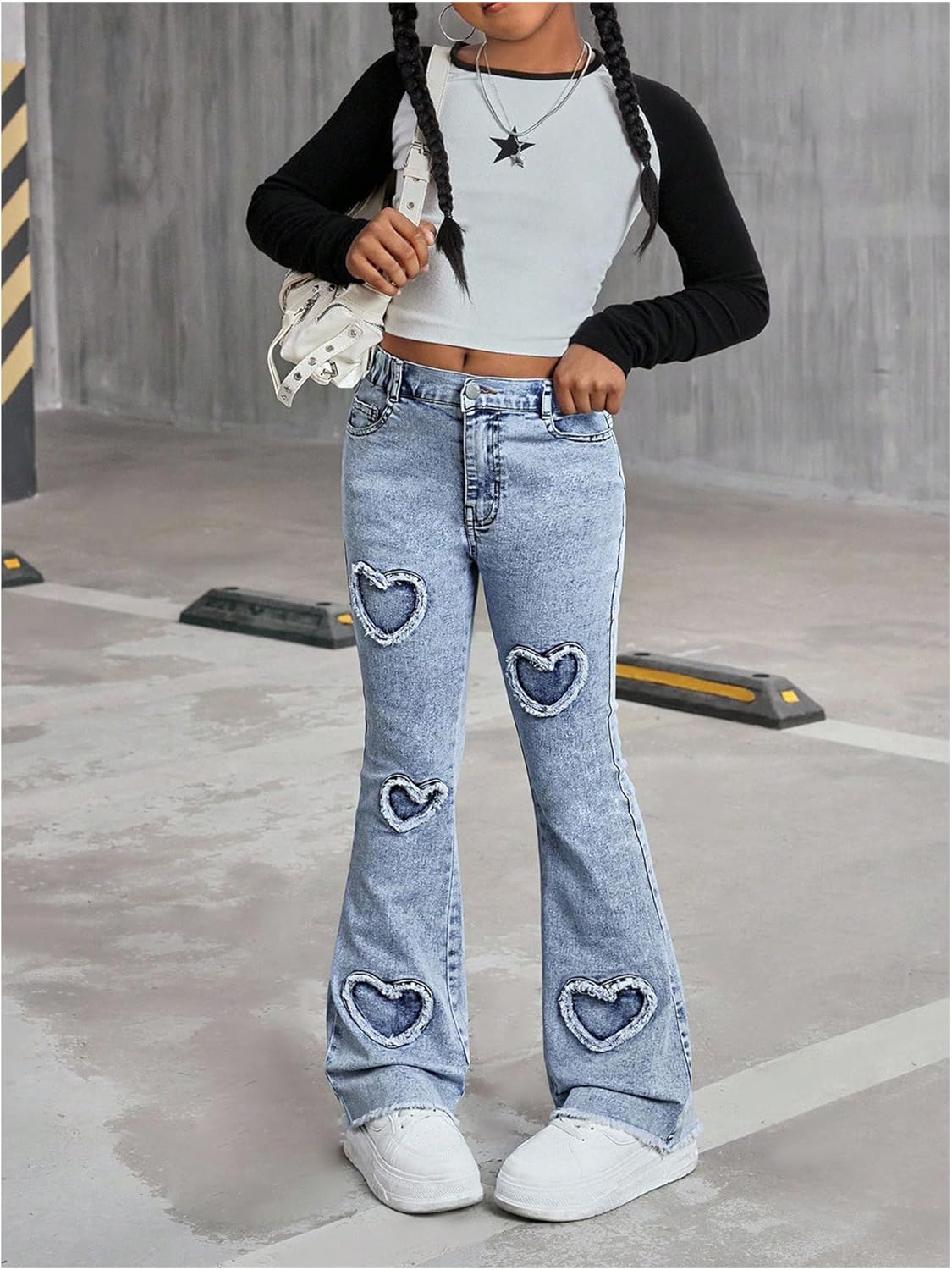 MakeMeChic Girl's Heart Flared Jeans Raw Hem Zip Fly Cute Y2K Bell Bottoms Denim Pants