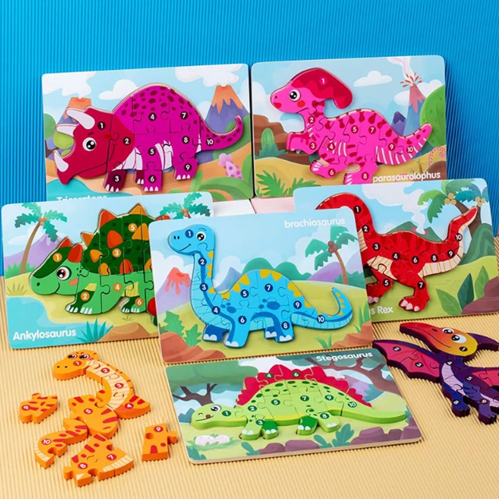 Montessori Holz Dinosaurier Puzzle 3D Formen Puzzles (8 Stück) | Frühlern-Handgreif-Board-Spielzeuge, Dino-Themen-Bildungsblöcke, Geschenke zur Förderung der Feinmotorik