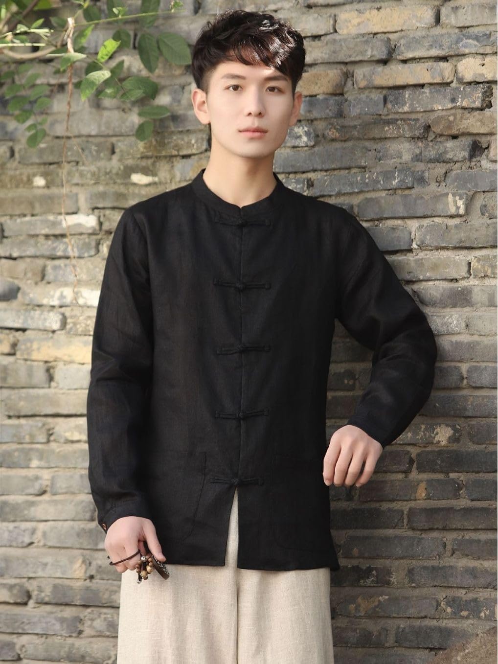 Men's Vintage Tang Suit Top Spring Fall Stand Collar Chinese Linen Shirt