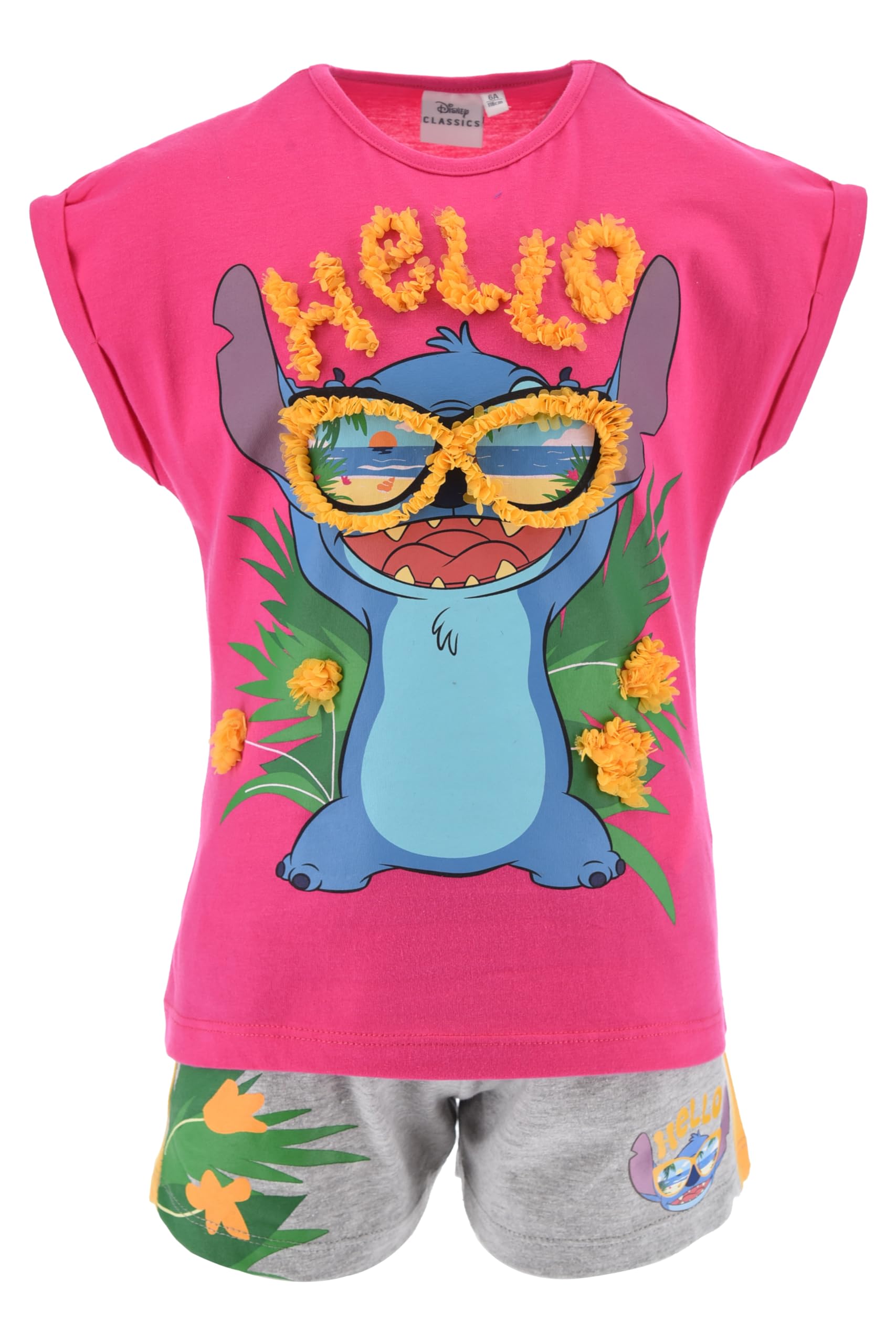 Disney Stitch Camiseta y Pantalón Corto para Niña, Pijama Algodón Suave, Hello' Stitch Conjunto 2 Piezas Verano, Tallas 6 a 12 Años