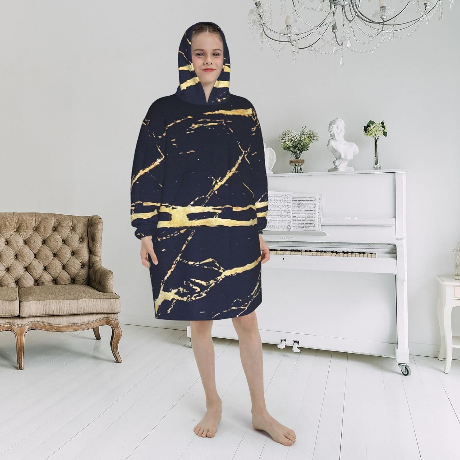 Marble Print Oversized Blanket Hoodie, Wearable Blanket Hooded,Hooded Pullover With Pocket