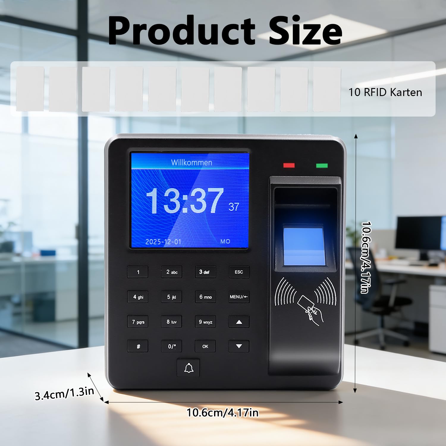 Sistema di rilevamento del tempo per piccole imprese, dispositivo di rilevamento del tempo 3-in-1 con impronta digitale, password e lettore di carte, capacità impronte digitali 1000, sistema di