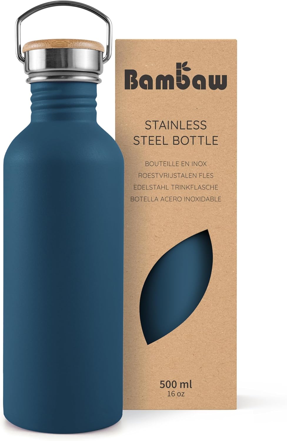 Bambaw Small Metal Water Bottle 16 oz, Navy Blue Water Bottle Dishwasher Safe, Non