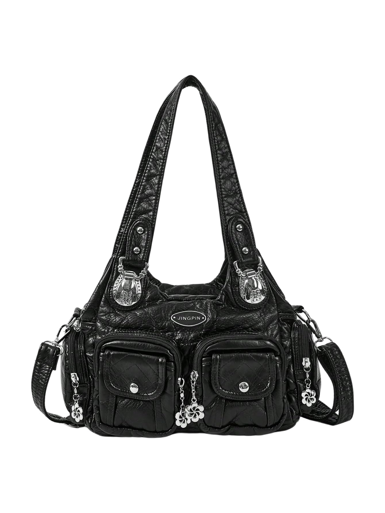 Verdusa Women's Y2K Motocycle Shoulder Bags Zipper Double Handle Grunge Punk Underarm Purses One Size Black