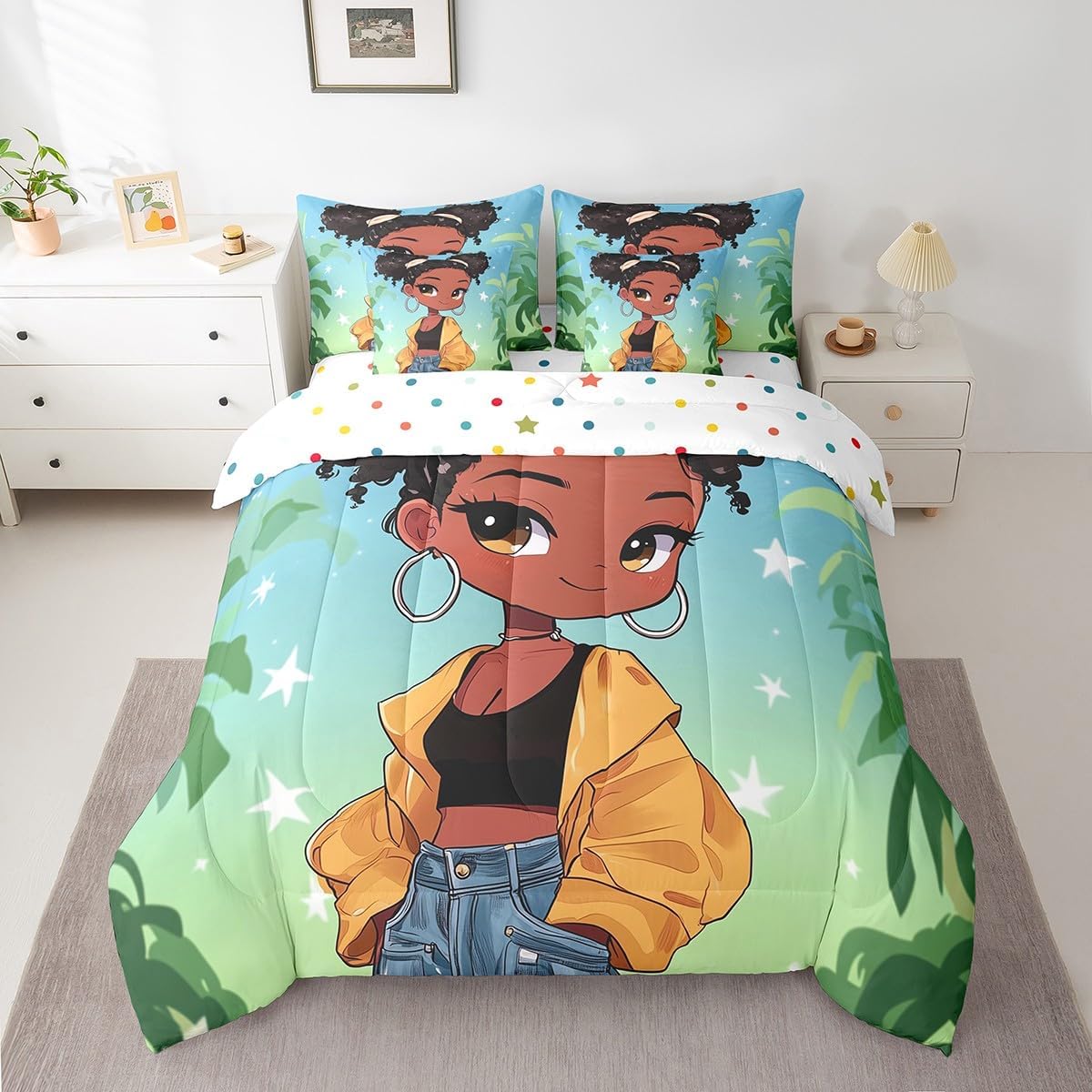 Black Girls Bed in a Bag Twin for Kids Teens 7 Piece,Girls Bedding Sets for Black Melanin,Black Girls Magic Comforter Set with Sheets,Afro Black Kids Bed Set Black Princess Room Decor Sheets