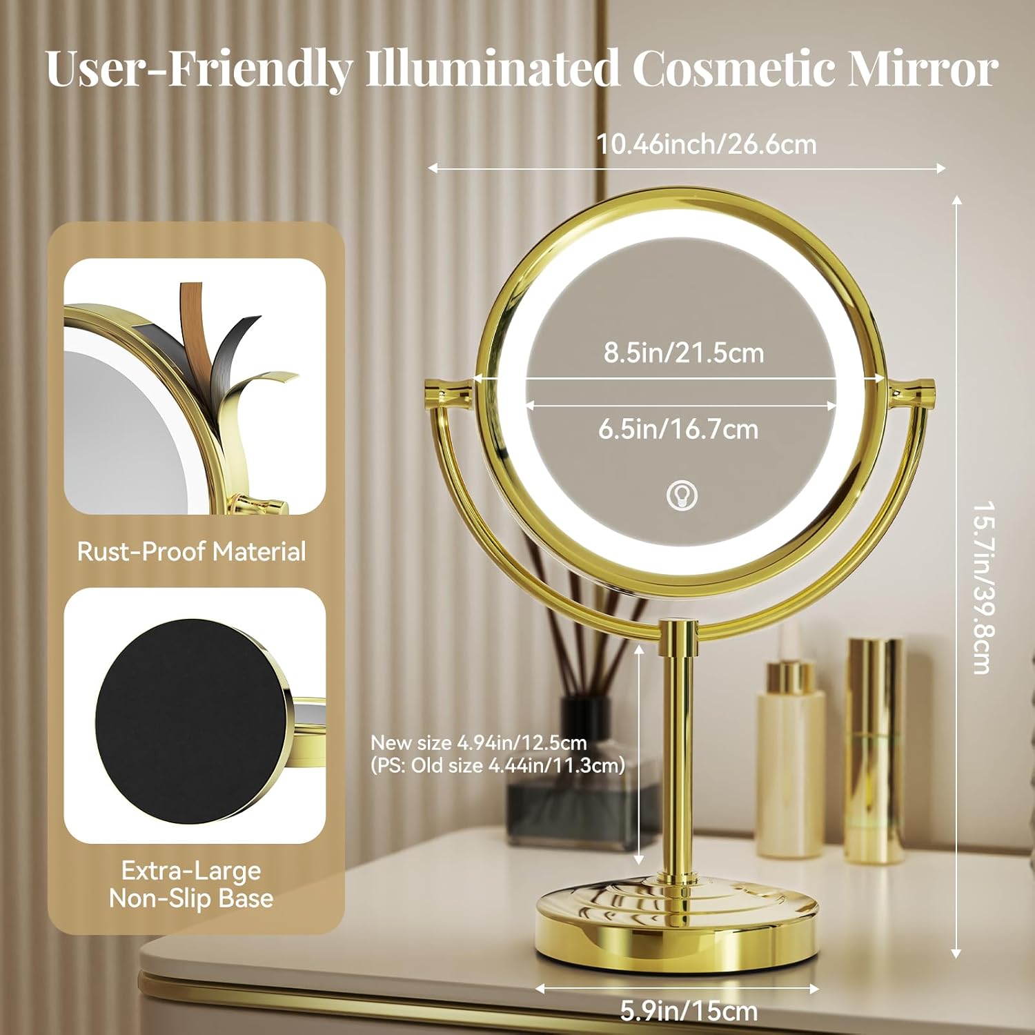 GURUN 8.5 Inch LED Lighted Tabletop Makeup Mirror with 10x Magnification Dimmable 3 Colors Touch Control 4500mAh Double Sided Gold Finish 2208D-T(10x, Gold)