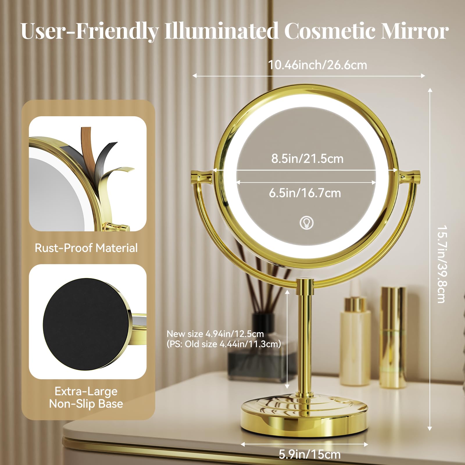 GURUN 8.5-Inch LED Tabletop Makeup Mirror, Dimmable Double-Sided