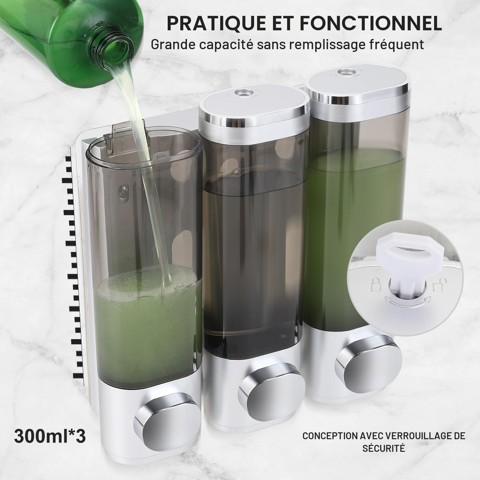 Distributeur de savon mural, distributeur de gel douche, lot de 3 distributeurs de savon sans perçage, distribution uniforme de liquide, anti-fuite, adapté pour shampooing, gel douche,