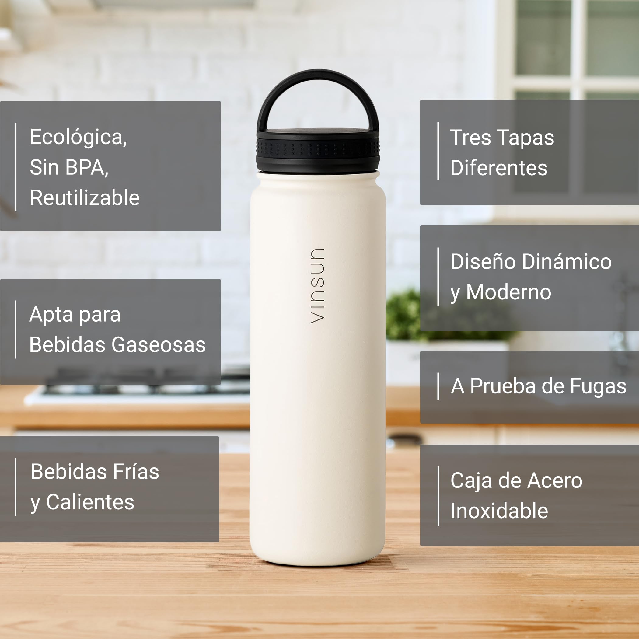Vinsun Botella Agua Acero Inoxidable 500ml - 3 Tapas - sin Fugas, sin BPA, Reutilizable - Cantimplora Termica para Deporte, Colegio, Gimnasio, Bicicleta, Oficina — view 2