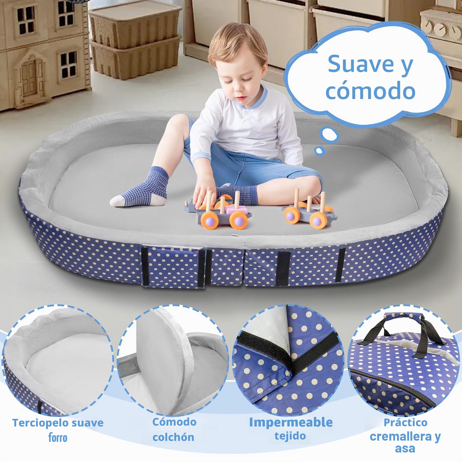 JAOGAUS Cama portatil de Viaje para niño Bebe Infantil con colchon | cana plegable de suelo para niños pequeños, cuna de viaje para niños pequeños, lavable, impermeable
