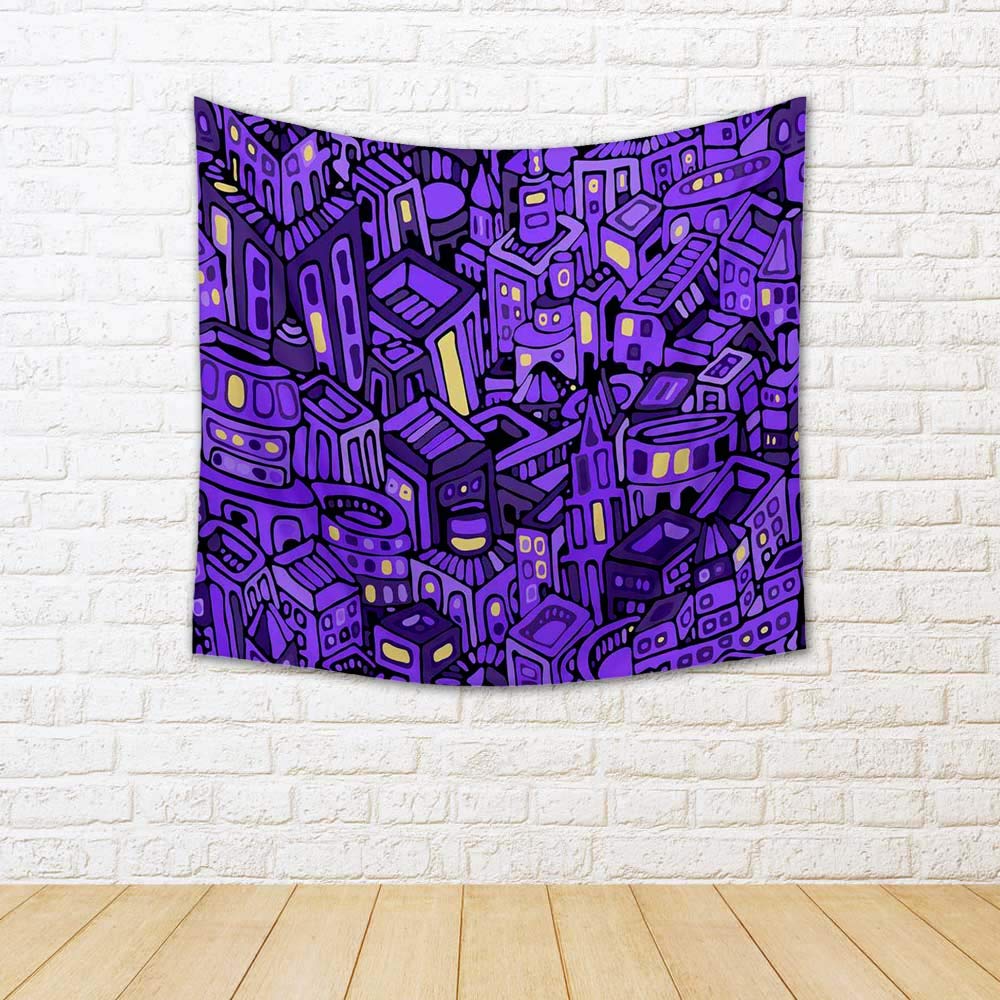 Panorama View Old Town At Night Velvet Fabric Painting Tapestry | Wall Art Hanging 50.1 x 48 inch (127 x 122 cms)