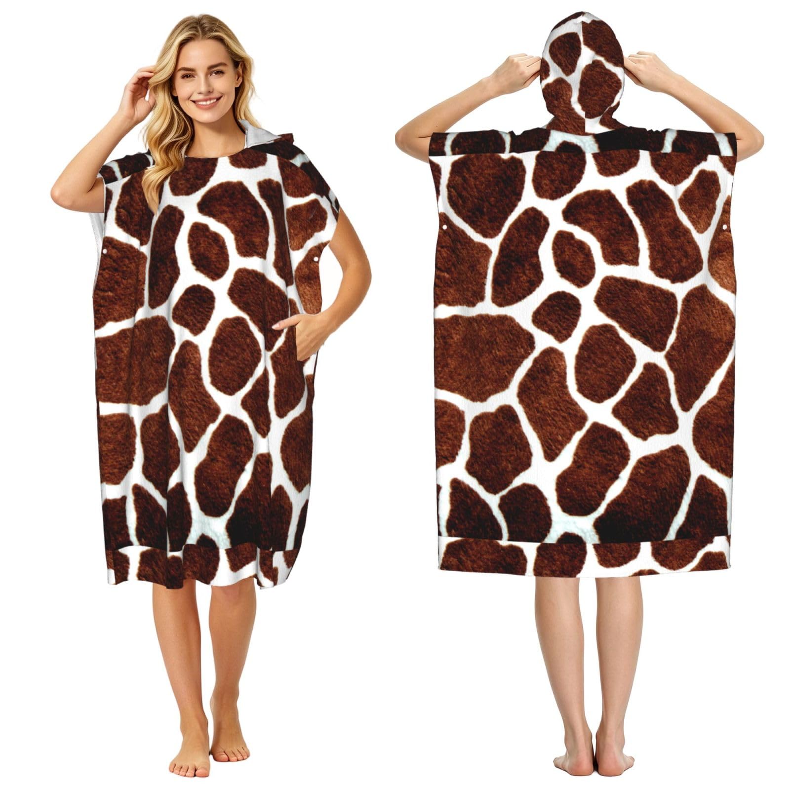 Poadnly African Giraffe Patten Design, Adult Hooded Beach Towel 90 x 110 cm,Changing Bath Robe, Surf Poncho Towel For Women Men