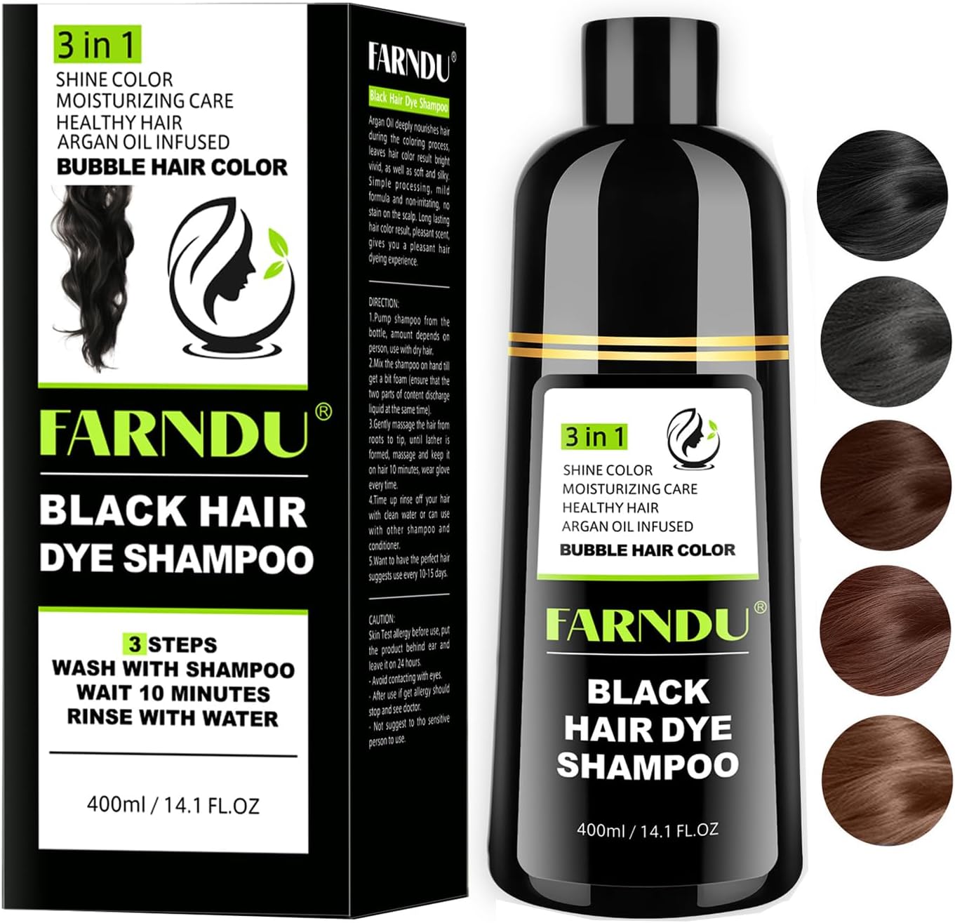 Farndu Black Hair Dye Shampoo for Women & Men, Gray Hair Coverage Herbal Natural 3 in 1 Hair Color Shampoo, Champu para canas