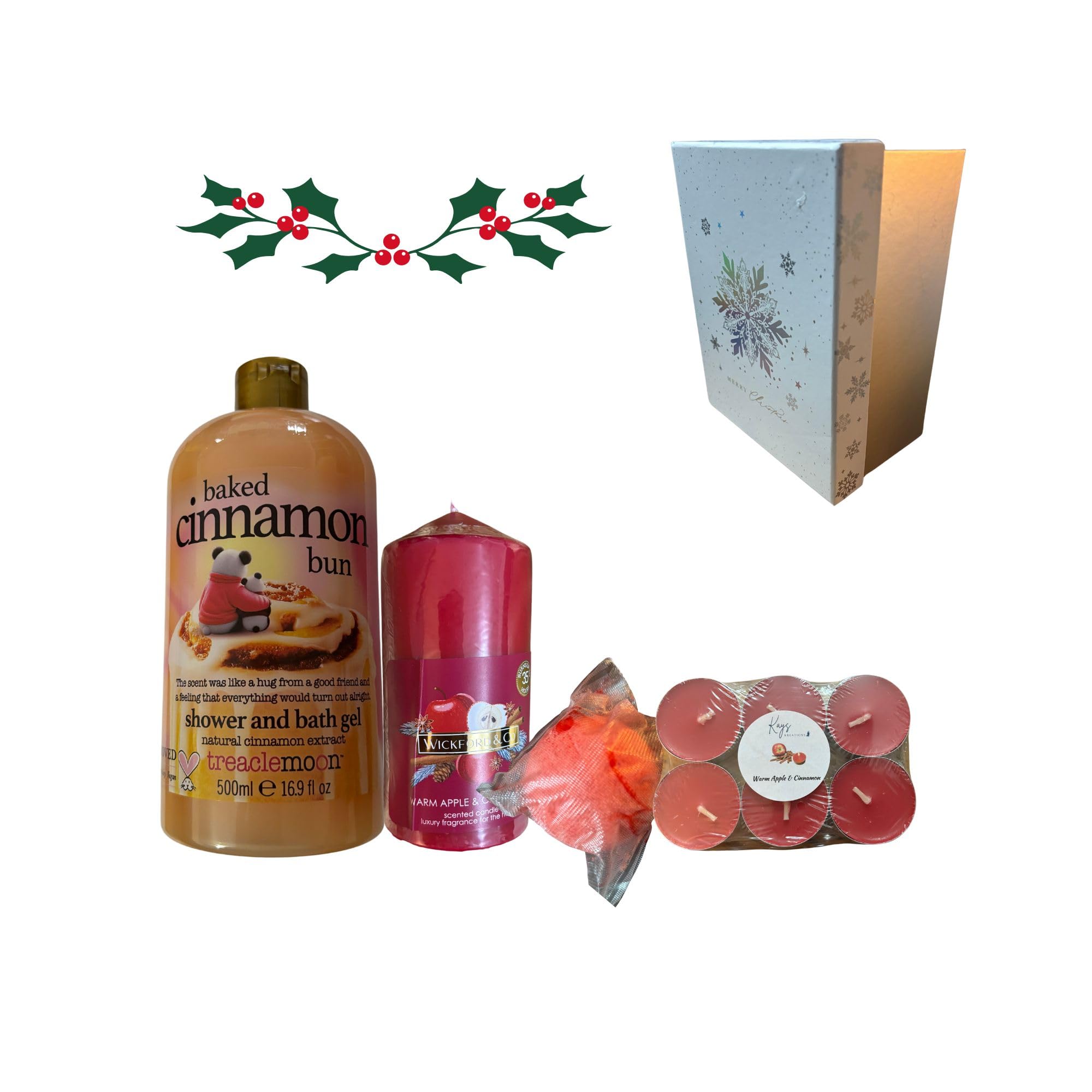 Cinnamon Scented Candle, Kay's Kreations Tea Lights & Treaclemoon Cinnamon Shower & Bath Gel & Fizz Bomb. Boxed Gift Set.