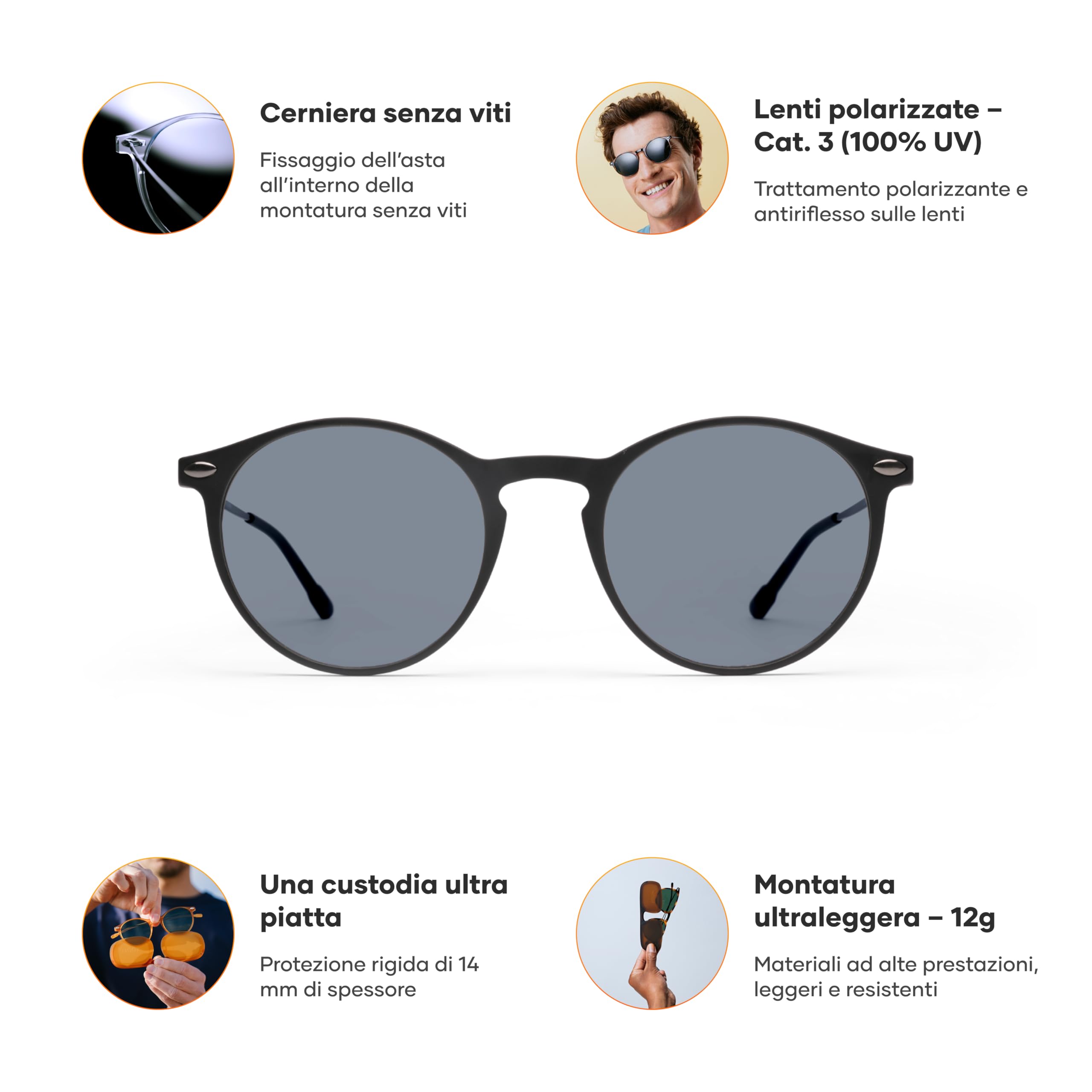 NOOZ Optics Occhiali da Sole Polarizzati Unisex - Eleganti e Sottili - Protezione 100% UV - Occhiali da Sole Uomo e Donna - Custodia Compatta - CRUZ - Rotonda