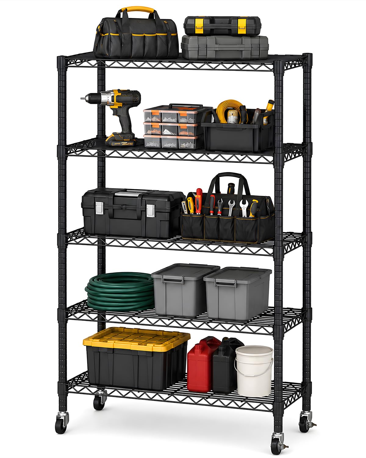 Heavy Duty Storage Rack, 5 tier Wire Shelving with Wheels,220 lbs Per Shelf