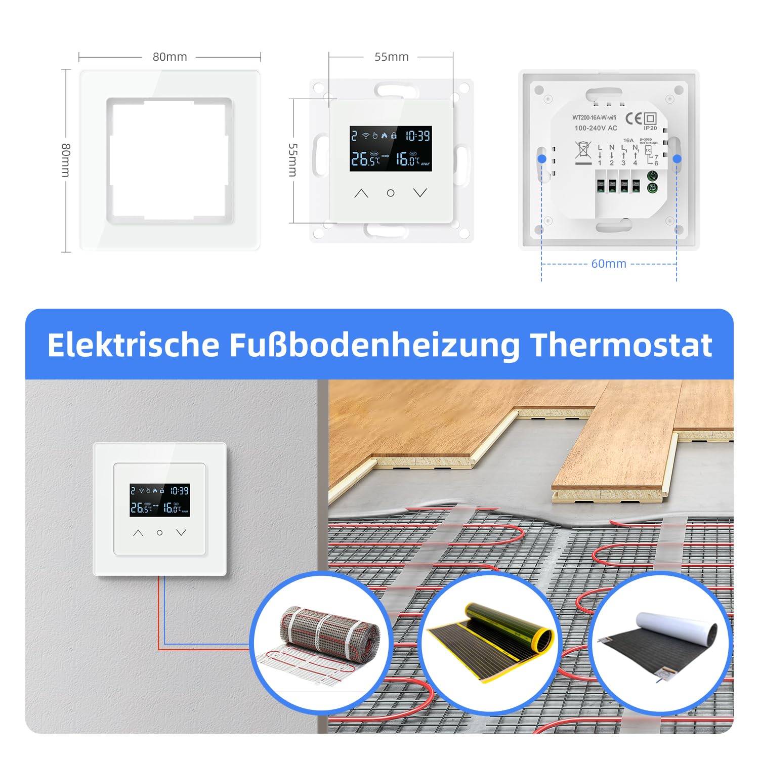 AVATTO Inteligentny termostat WiFi 55 x 55 mm do elektrycznego ogrzewania podłogowego, programowalny termostat pokojowy, kompatybilny z Alexa, Google Home sterowanie głosowe i zdalne sterowanie