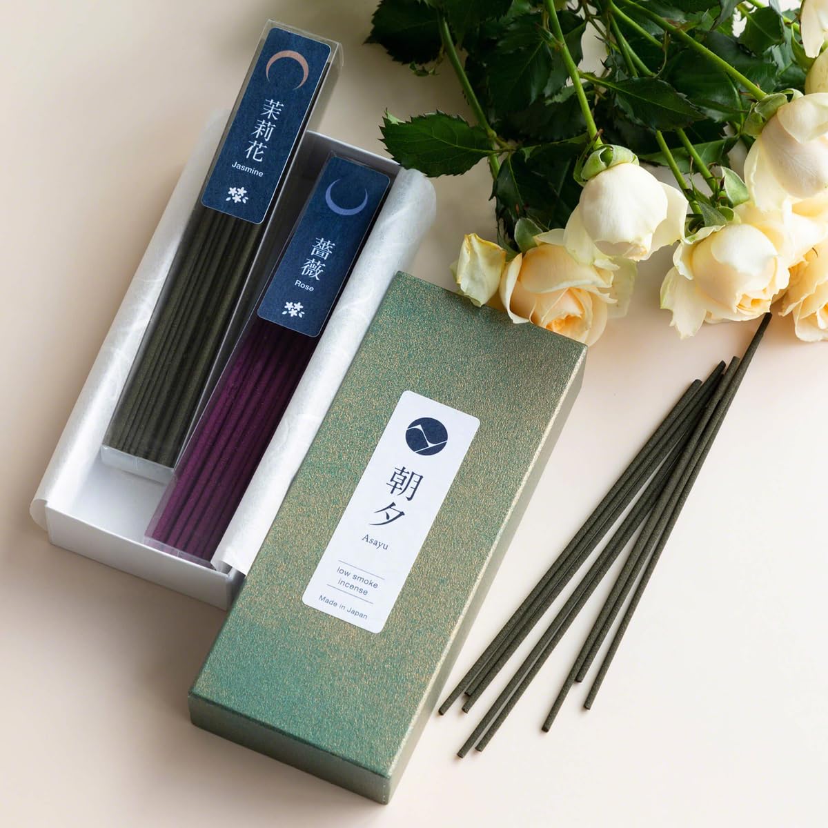 Asayu Japan Set Regalo Bastoncini di Incenso (Gelsomino + Rosa) + Portaincenso a Natura Aquamarina Gift Set, Realizzati in Giappone con materiali naturali