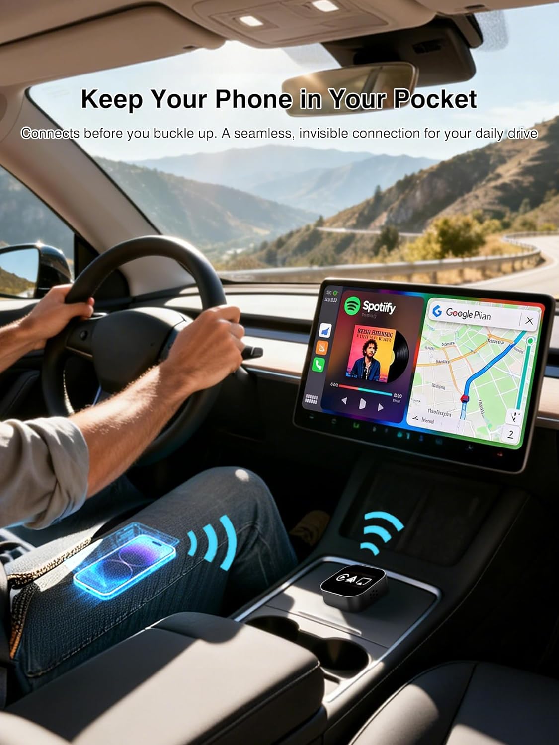 4-in-1 Wireless CarPlay Android Auto Adapter – AirPlay & Miracast Media Hub – Seamless for Mixed Families – 5.8GHz Low-Latency & Auto-Connect – Factory Wired Cars Only (Coal Black)