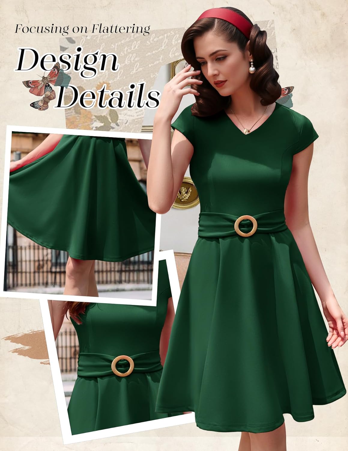 Dressystar Women's Vintage 1950s Dress V Neck A Line Swing Short Retro Cocktail Party Dresses with Cap Sleeves - Image 5
