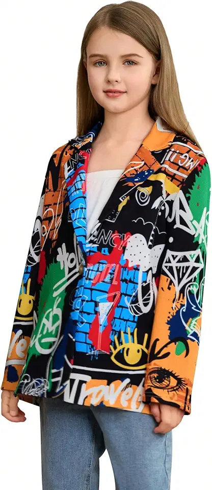 Blazer feminino com estampa de graffiti e botão, jaqueta casual com colarinho e manga comprida