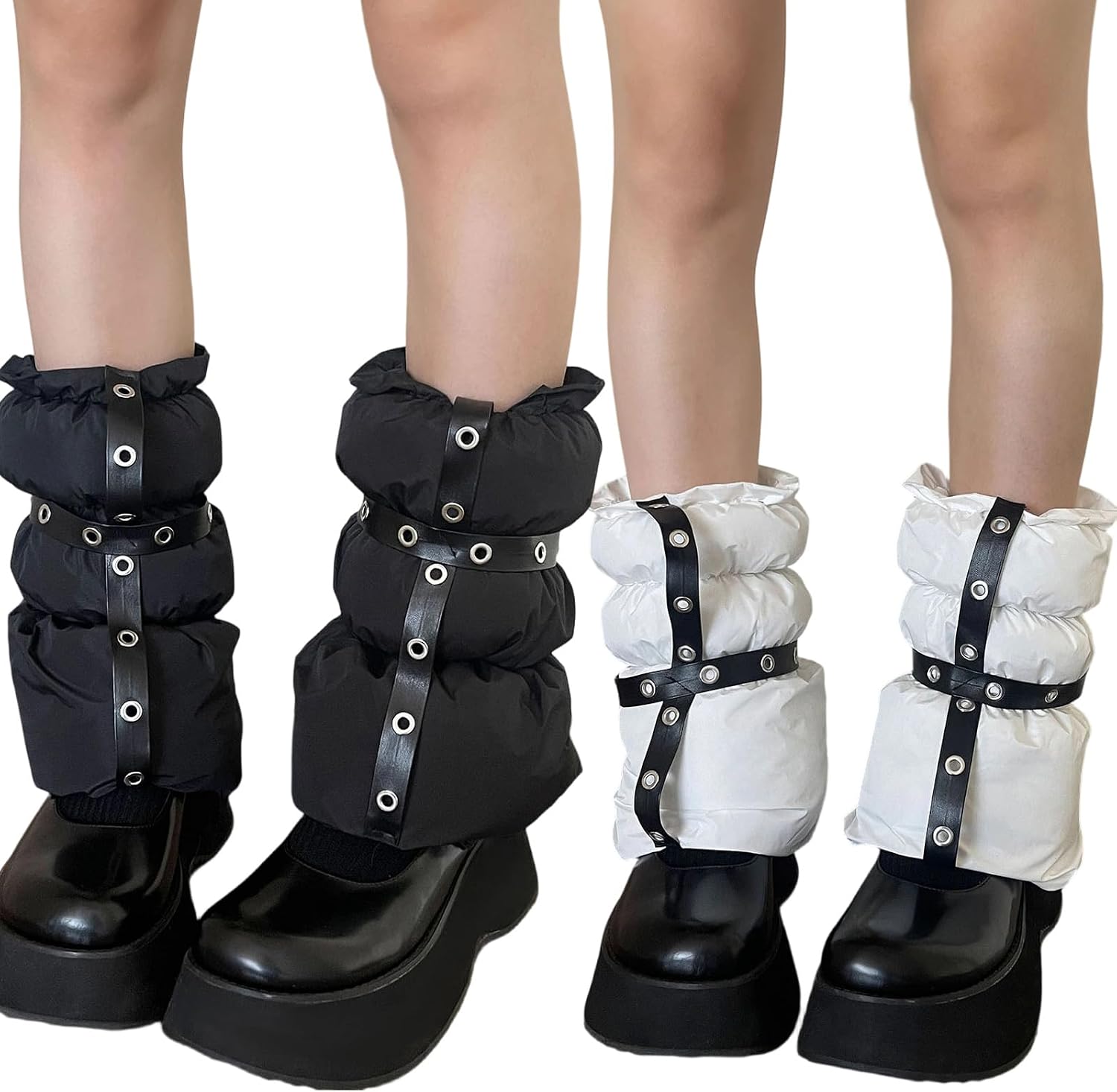 Women Winter Warm Padded Puffer Leg Warmers Subcultures Eyelets PU Crosses Strap Split Flared Boot Covers Cuffs Socks