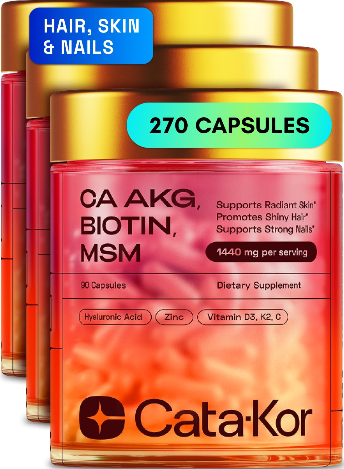 Hair Skin and Nails Supplement with Ca AKG MSM Hyaluronic Acid Biotin Vitamin C Vitamin D3 K2 Supports