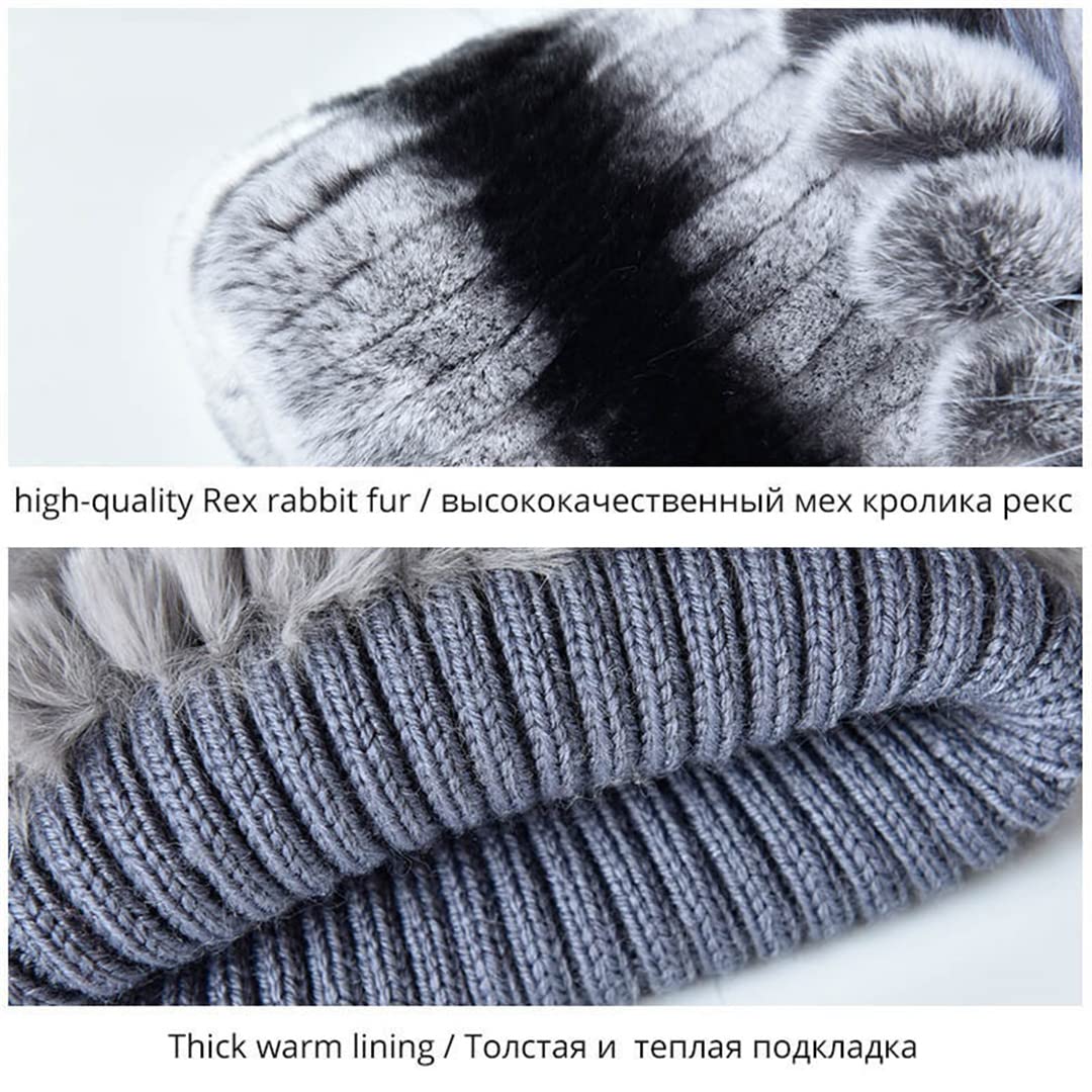 Sombreros de Piel de Mujer para Invierno Gorro de Piel de Conejo Natural Moda Femenina Gorros Gruesos y cálidos Gorros 105 52-58 Cm