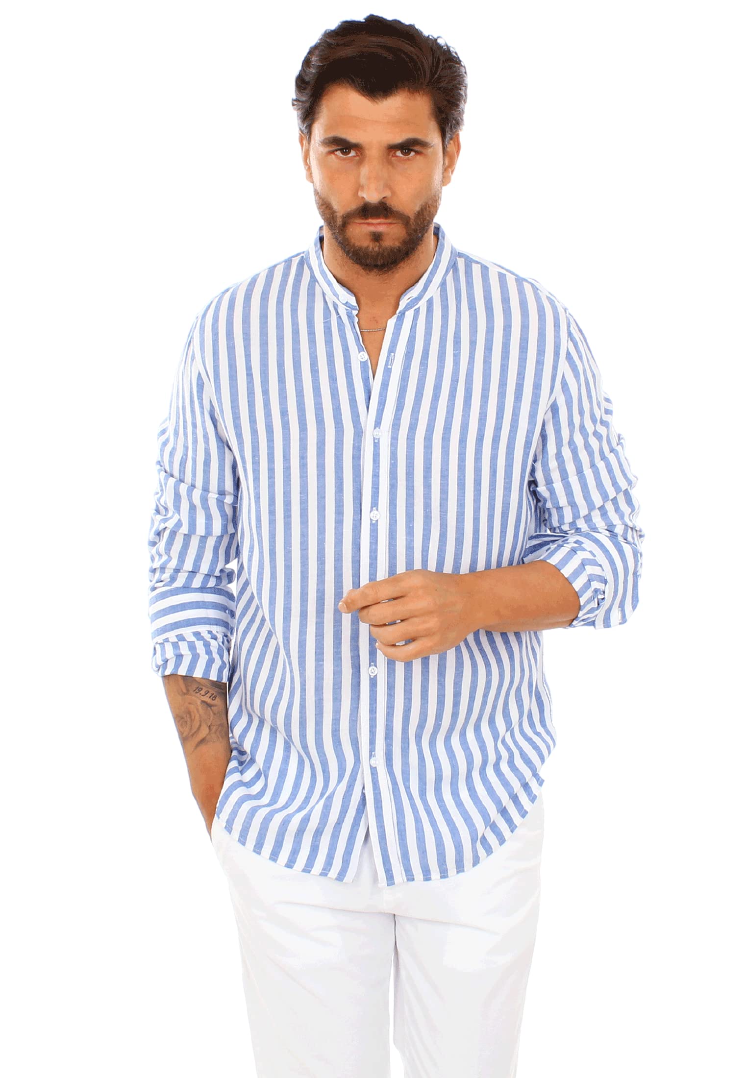 Camisa de hombre de lino a rayas de verano camisas manga larga casual