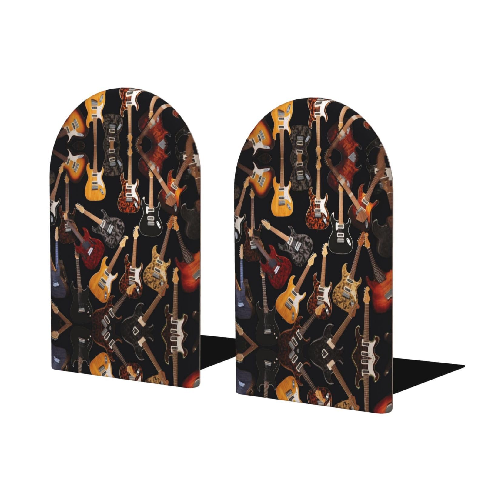 Guitars Stylish Bookends with Full-Print Design Durable Wooden and Metal Bookend Set for Home, Office