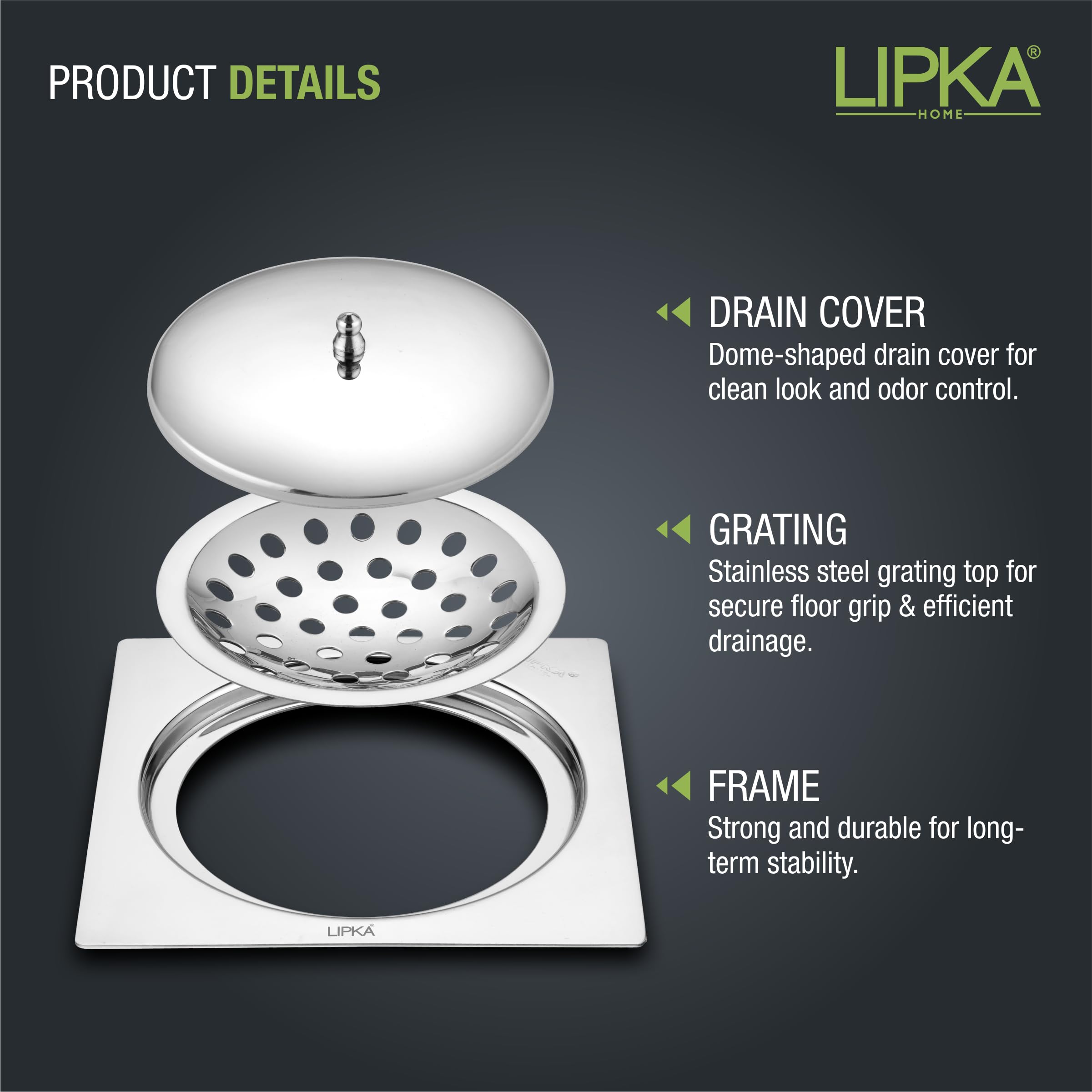LIPKA Saturn 5 x 5 Inches Square Flat Cut Floor Drain with Classic Jali | Premium Stainless Steel Floor Drain & Cover with Lid | Floor Drain for Bathroom Drainer Kitchen, Balcony, Wet Area 2