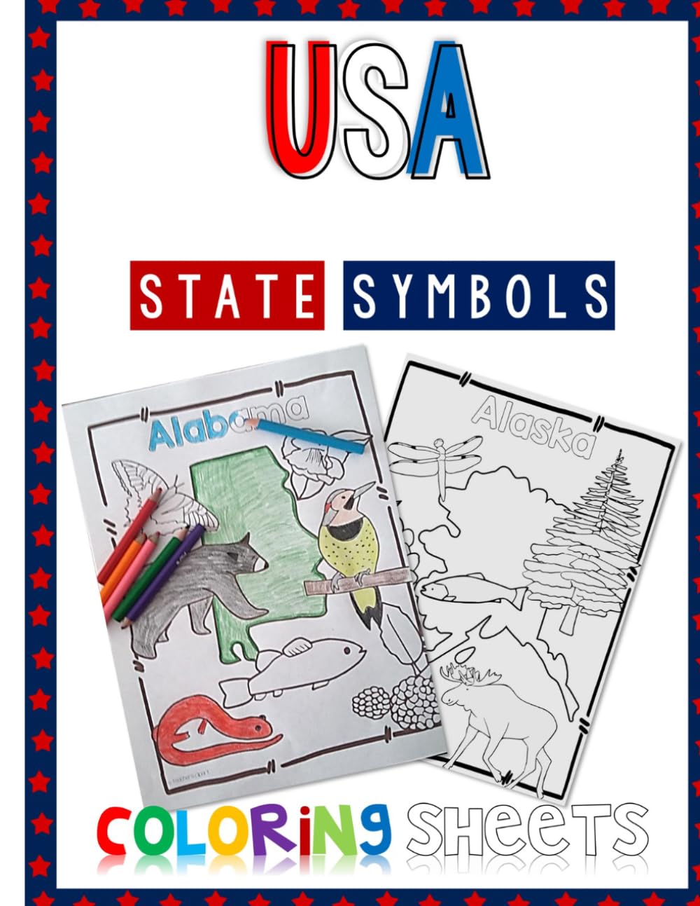 USA State Symbols Coloring Book: Geography & State Research Activity