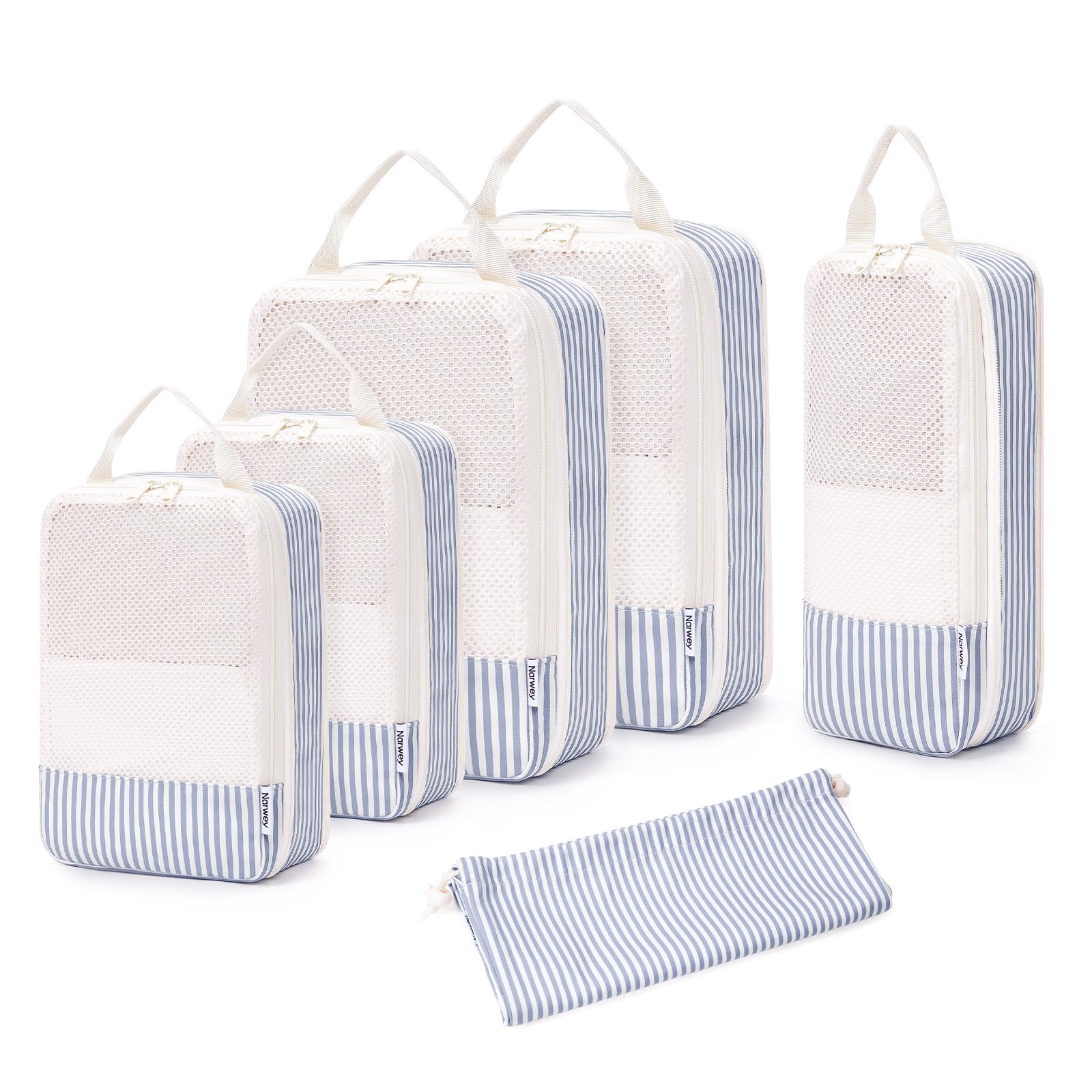 Narwey Organizer Valigia 6 Pezzi Packing Cubes Compression, Organizer Valigia Viaggio Compressione Salvaspazio, Viaggio Accessori Utili per Vestiti Scarpe Deposito (Strisce Blu Grigiastro)
