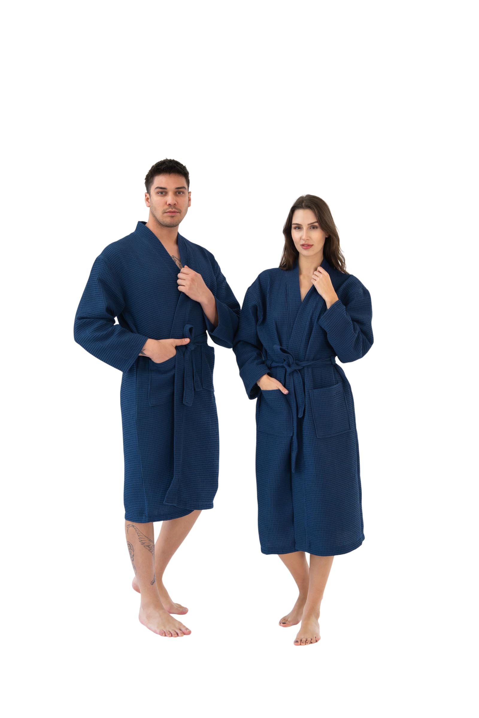 Waffelpique Bademantel Damen Herren aus 100% Baumwolle – OEKO-TEX Standard – leicht und atmungsaktiv – Morgenmantel mit Schalkragen und Gürtel – Sauna und Spa Mantel Unisex