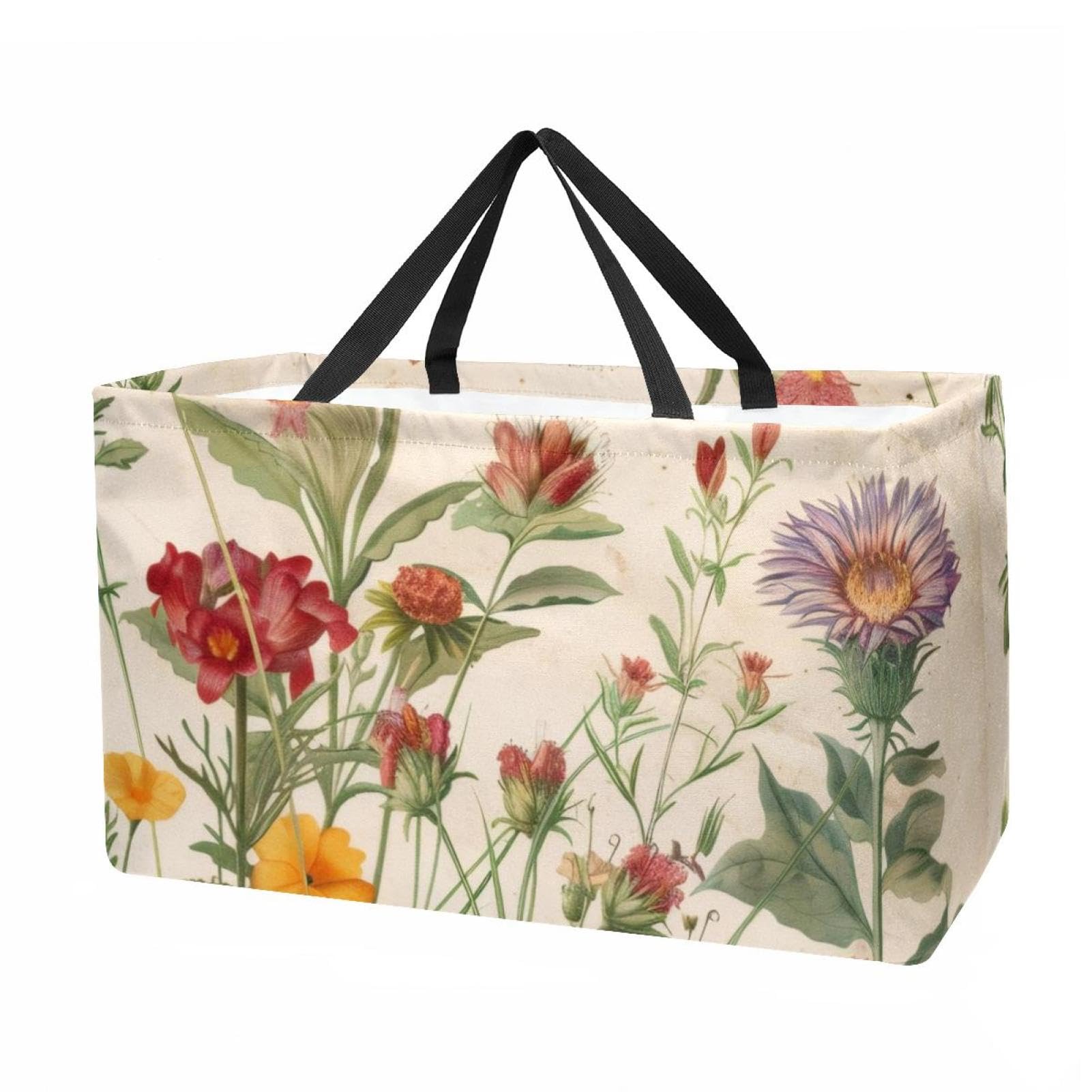 Sac de courses réutilisable, pliable, sac fourre-tout utilitaire lavable, tient debout pour pique-nique, camping – Motif papillons et fleurs sauvages rétro, multicolore, 22.0x12.6x11.4 in/56x29x32 cm