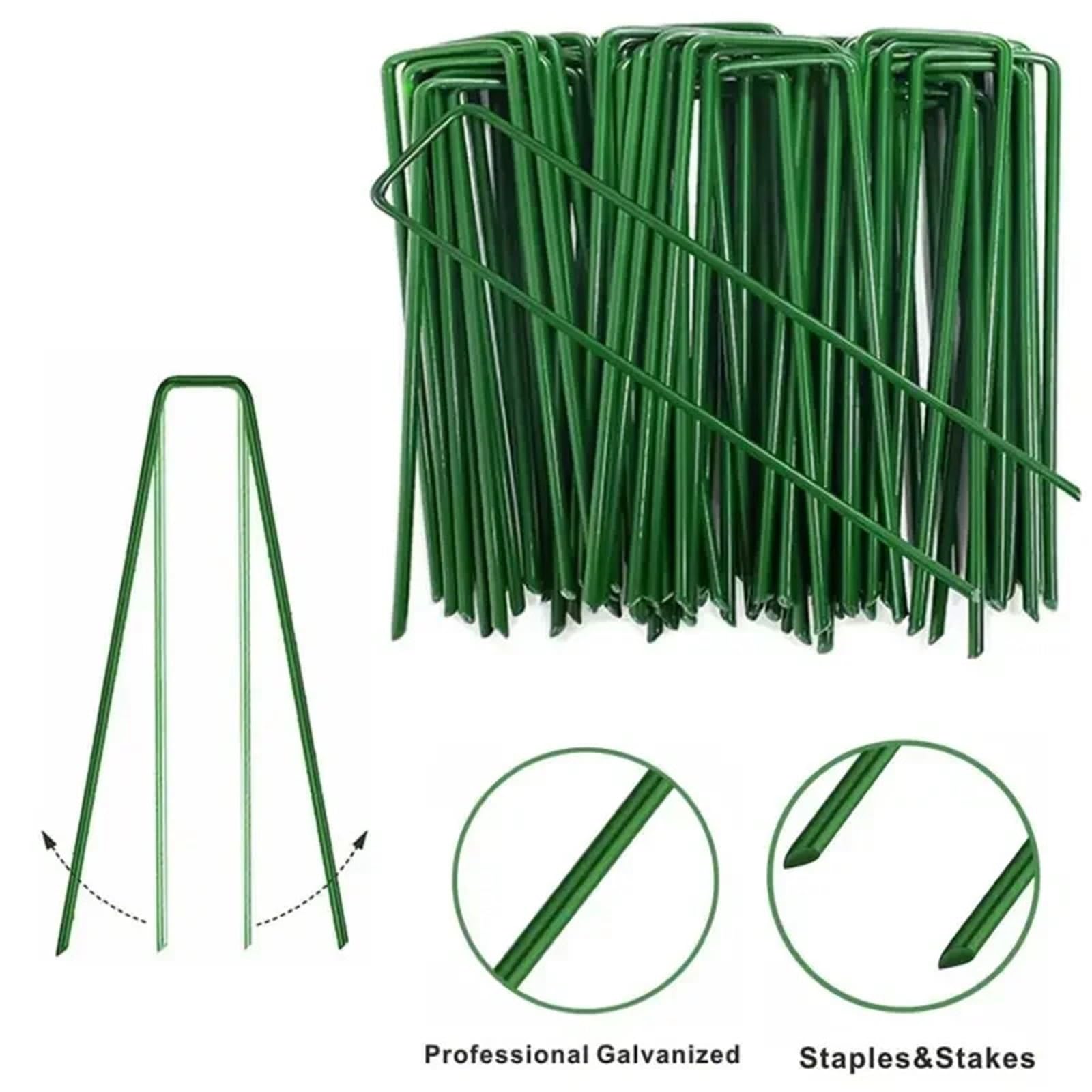 Lot de 200 piquets pour membrane de mauvaises herbes en forme de U pour jardin, pelouse, tente, piquets de fixation (4 x 20 cm, vert)