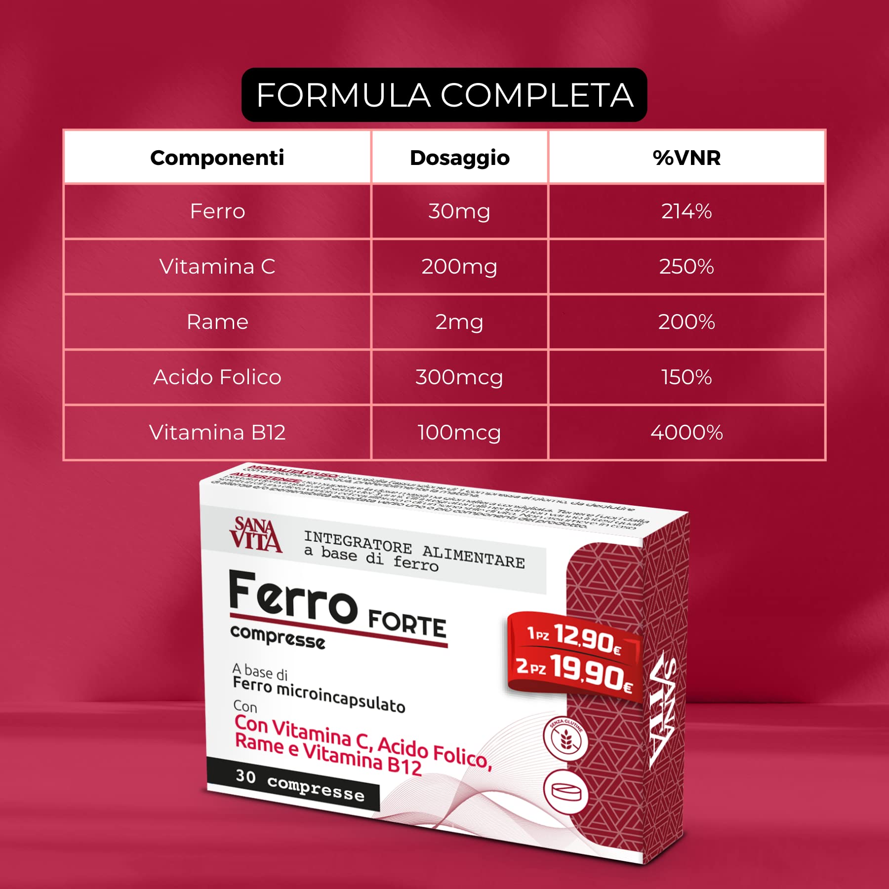 Sanavita Ferro Forte Integratore Alimentare con Ferro Alto dosaggio, Vitamina C, Rame, Acido Folido e Vitamina B12 Alo Dosaggio - 30 compresse
