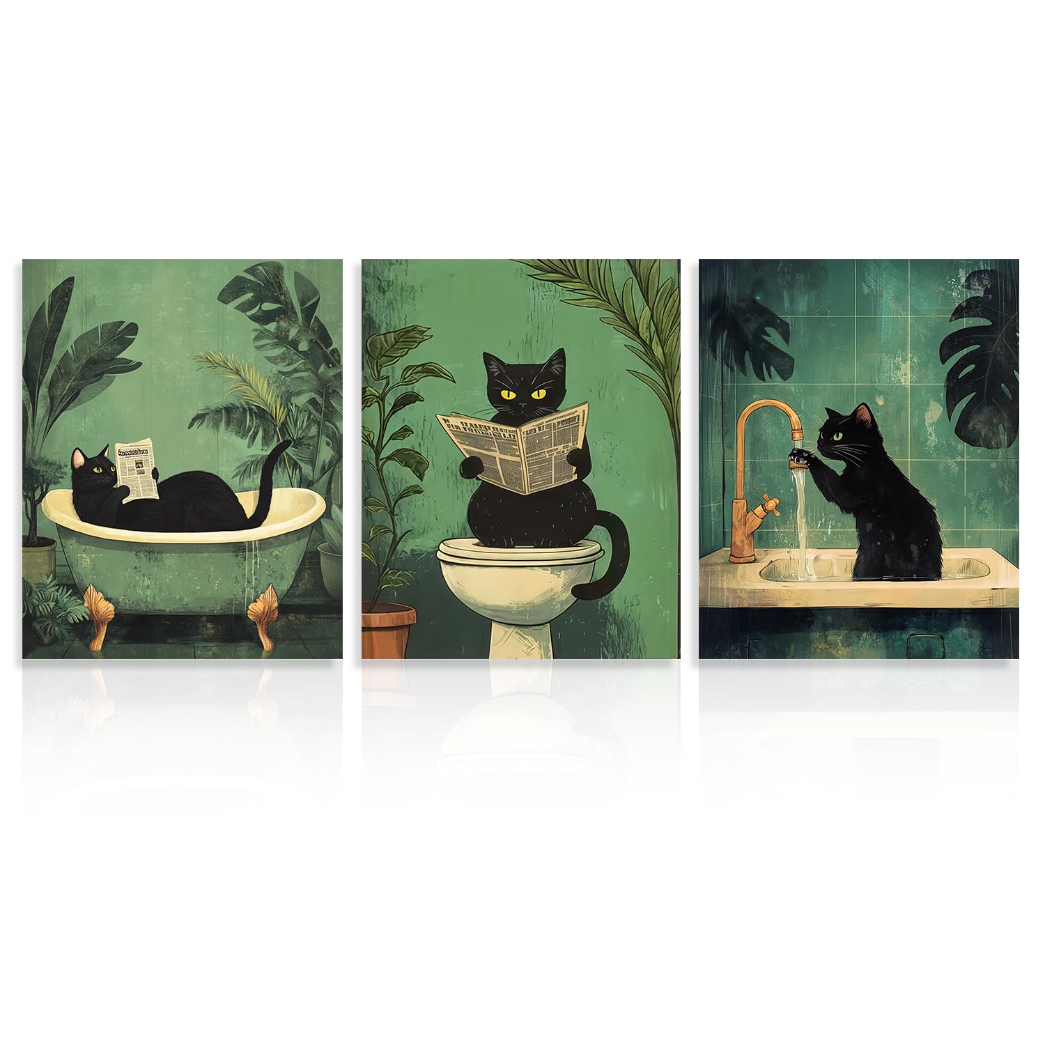 Dazzlewall 3Pcs Funny Cat Bathroom Wall Art Pictures, Vintage Black Cat Wash Its Paws Reading Newspaper Art Prints for Bathroom Toilet Decor 8x10 in Unframed